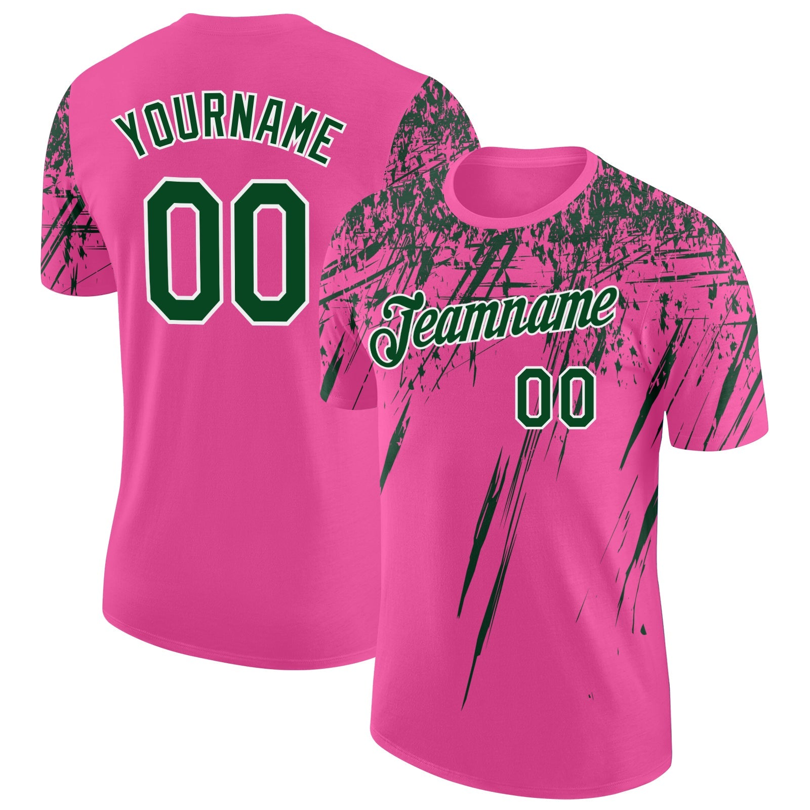 Custom Pink Green-White Distressed Scratch Brush Stroke Performance T-Shirt - Main View