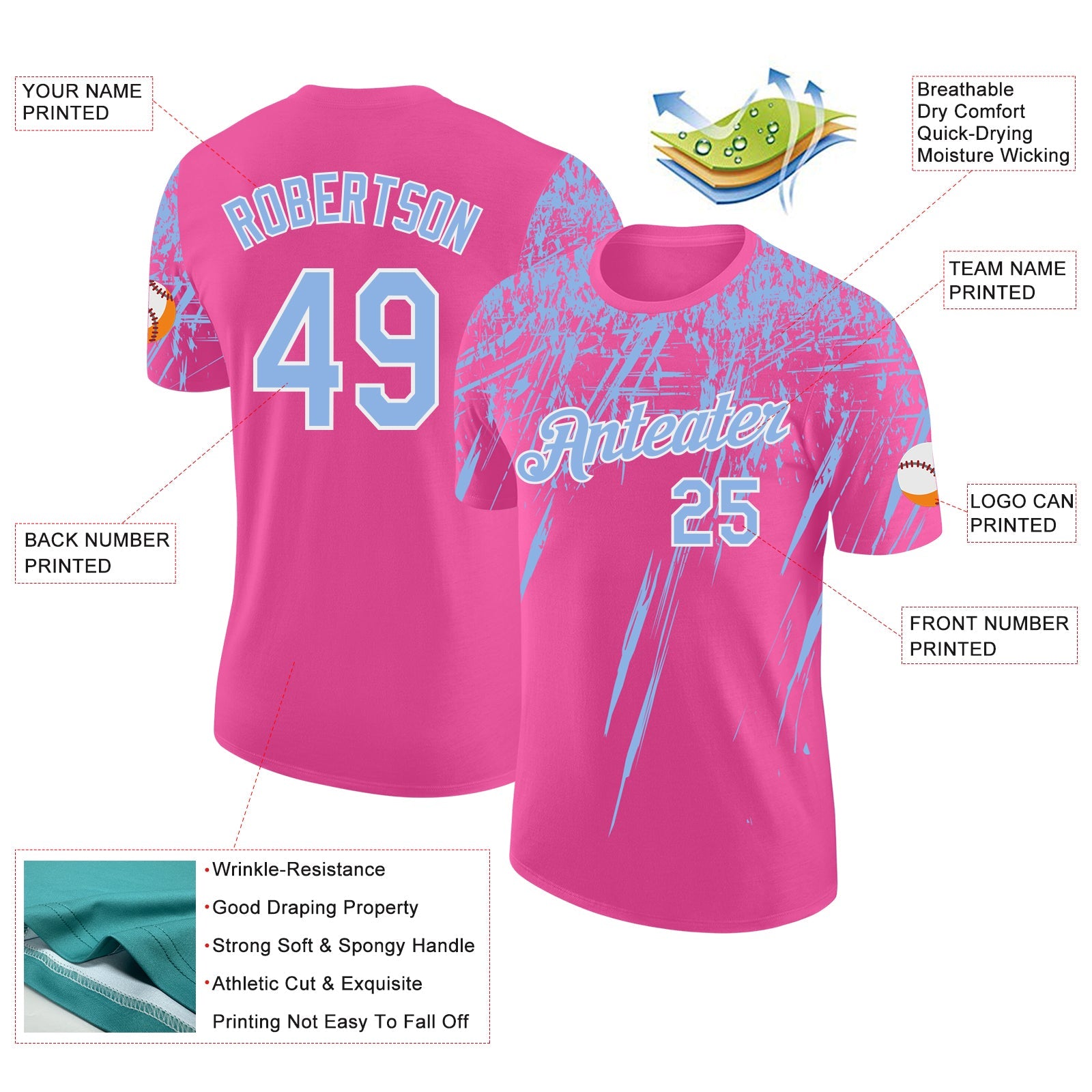 Custom Pink Light Blue-White Distressed Scratch Brush Stroke Performance T-Shirt view 2