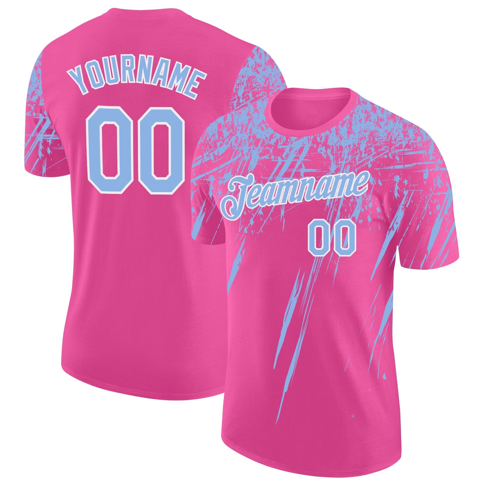 Custom Pink Light Blue-White Distressed Scratch Brush Stroke Performance T-Shirt - Main View
