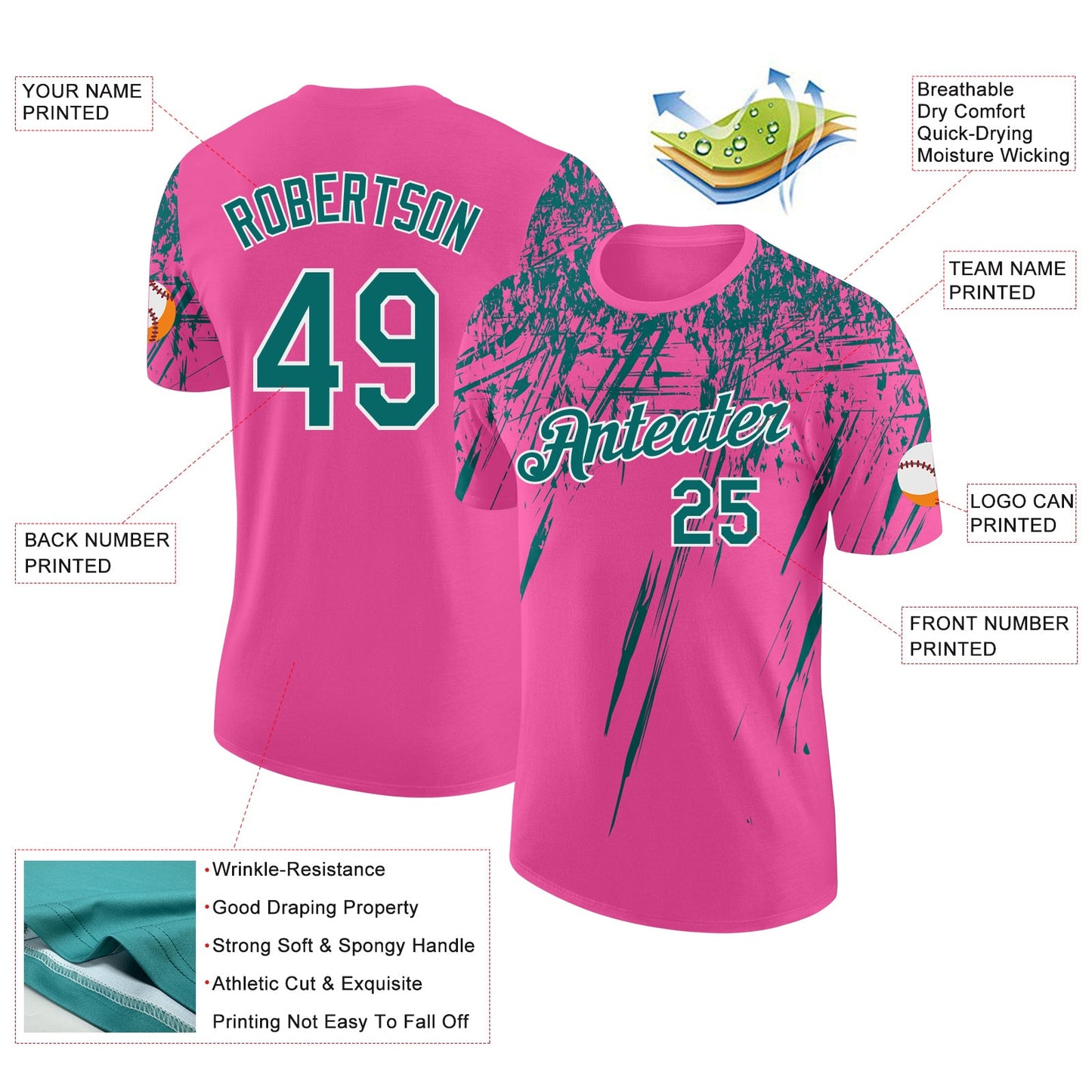 Custom Pink Teal-White Distressed Scratch Brush Stroke Performance T-Shirt view 2