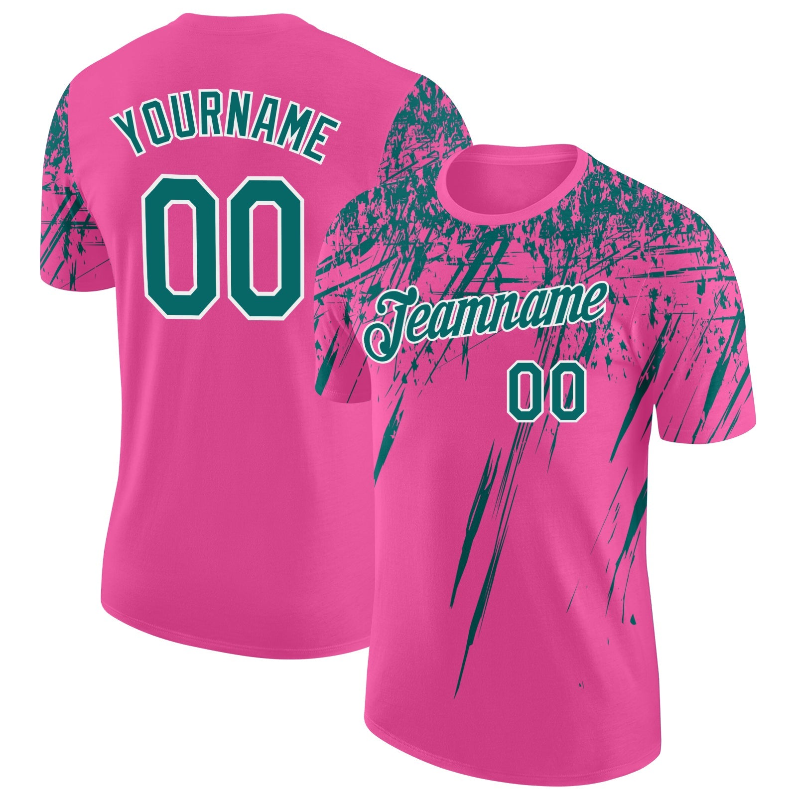 Custom Pink Teal-White Distressed Scratch Brush Stroke Performance T-Shirt - Main View