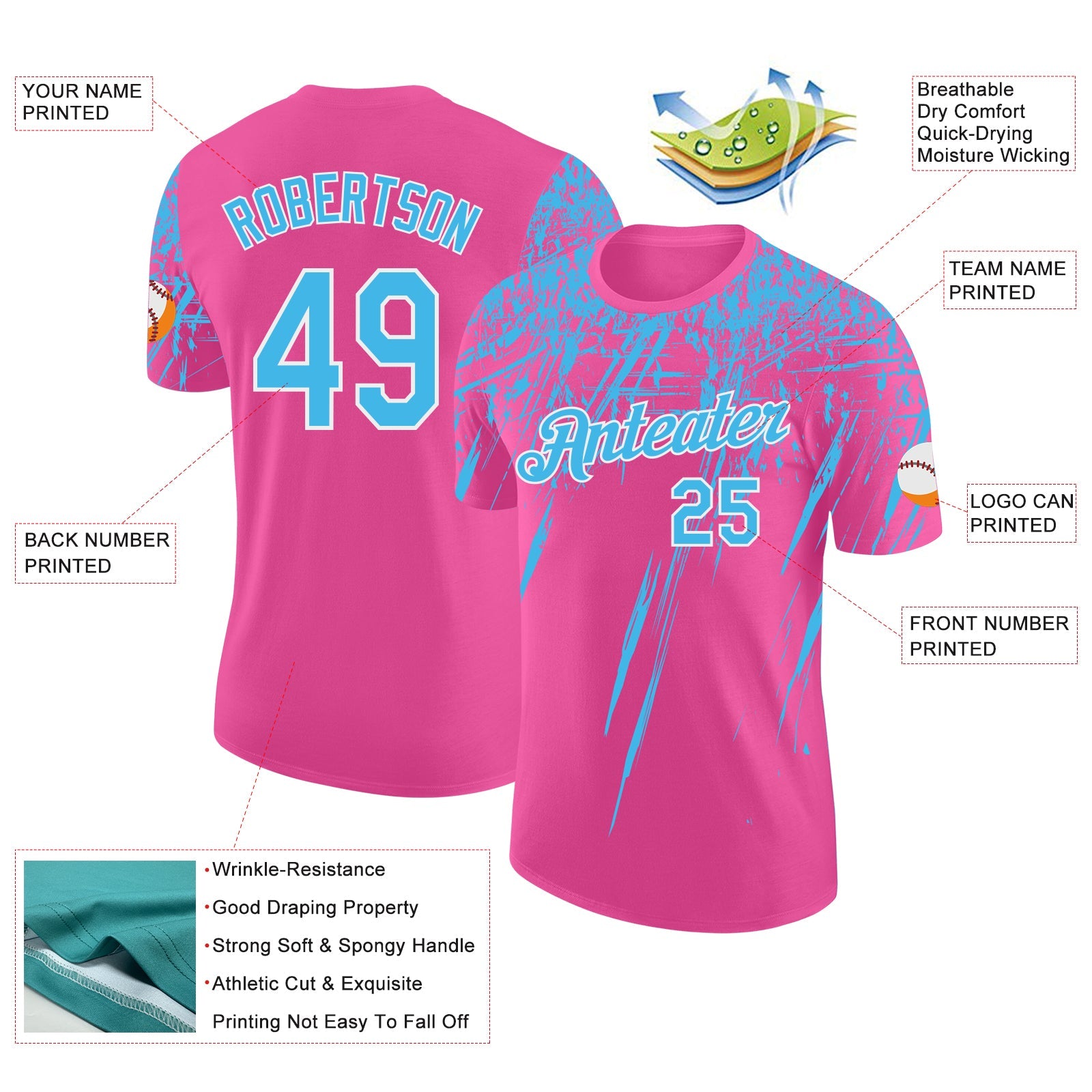 Custom Pink Sky Blue-White Distressed Scratch Brush Stroke Performance T-Shirt view 2