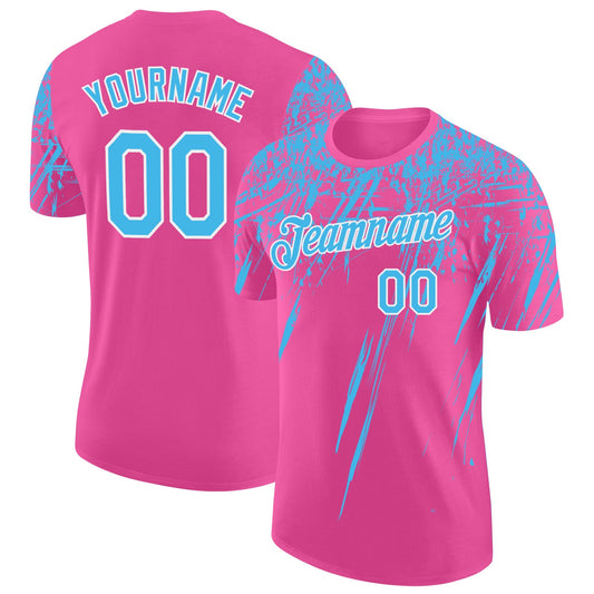 Custom Pink Sky Blue-White Distressed Scratch Brush Stroke Performance T-Shirt - Main View