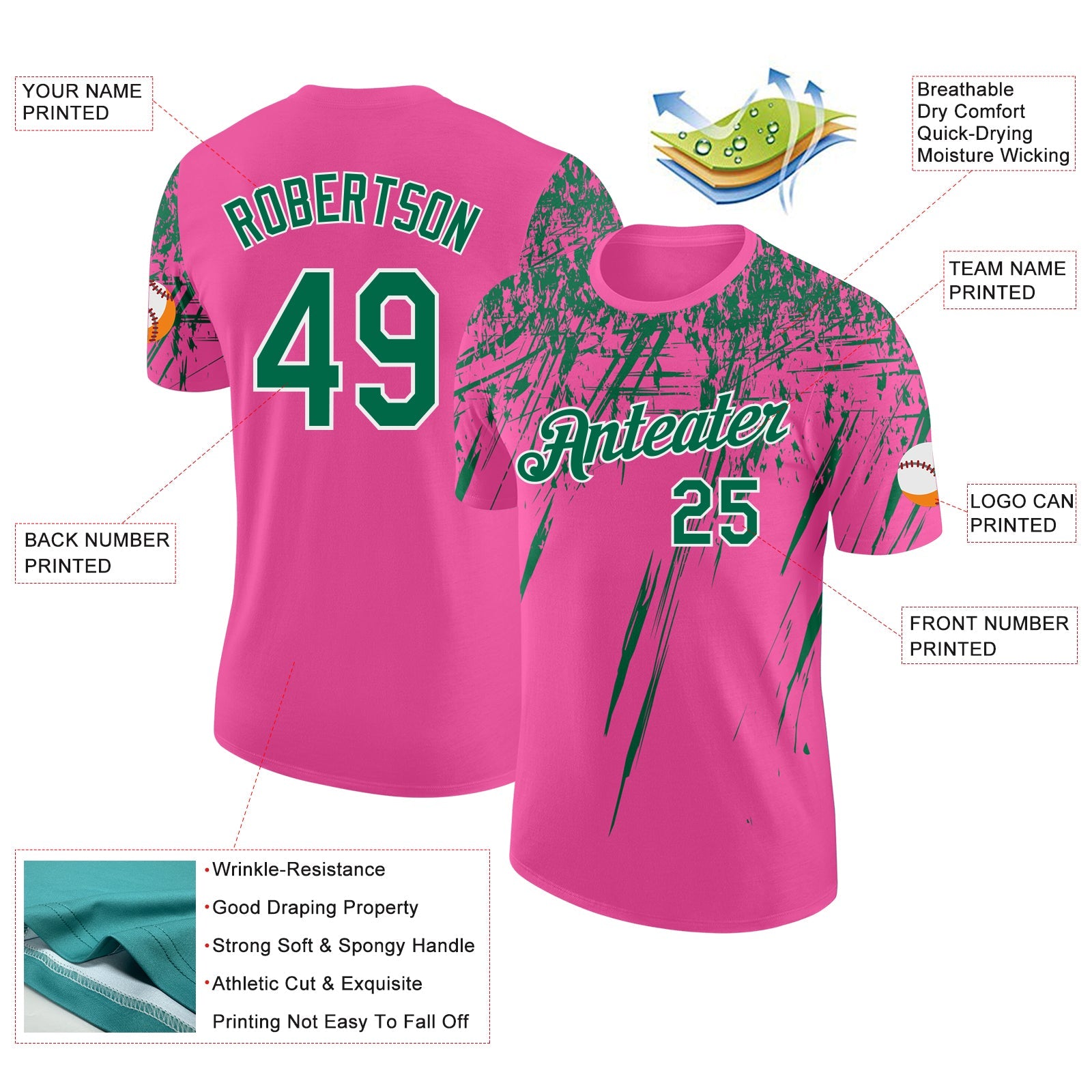 Custom Pink Kelly Green-White Distressed Scratch Brush Stroke Performance T-Shirt view 2