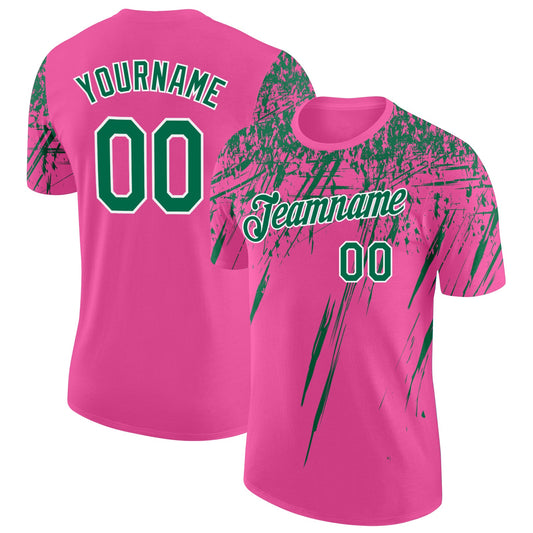 Custom Pink Kelly Green-White Distressed Scratch Brush Stroke Performance T-Shirt - Main View