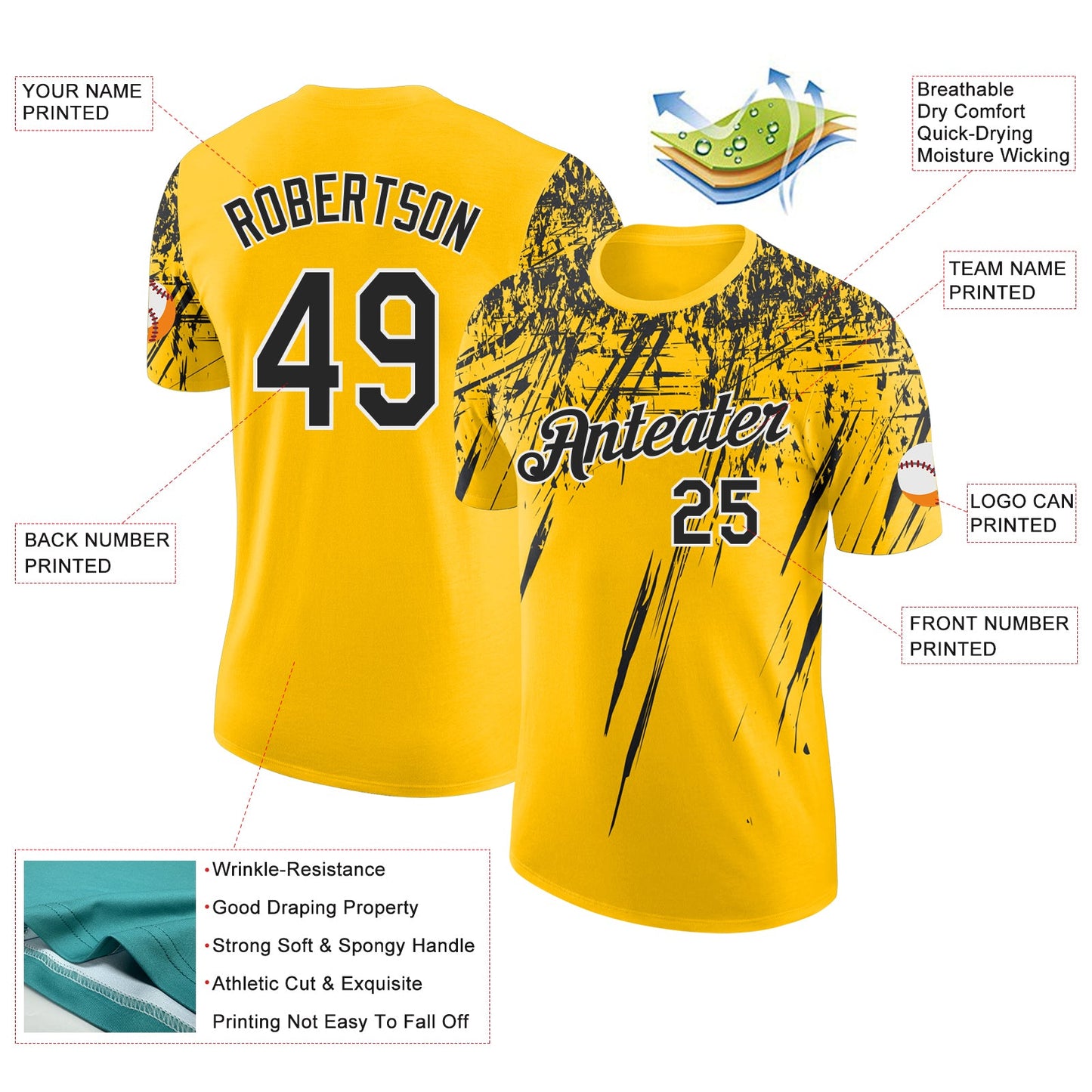 Custom Yellow Black-White Distressed Scratch Brush Stroke Performance T-Shirt view 2