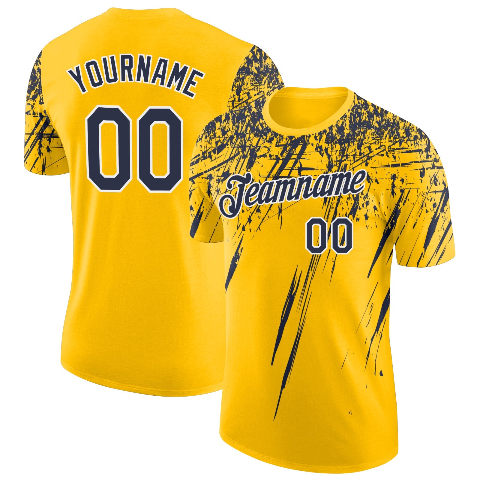 Custom Yellow Navy-White Distressed Scratch Brush Stroke Performance T-Shirt - Main View