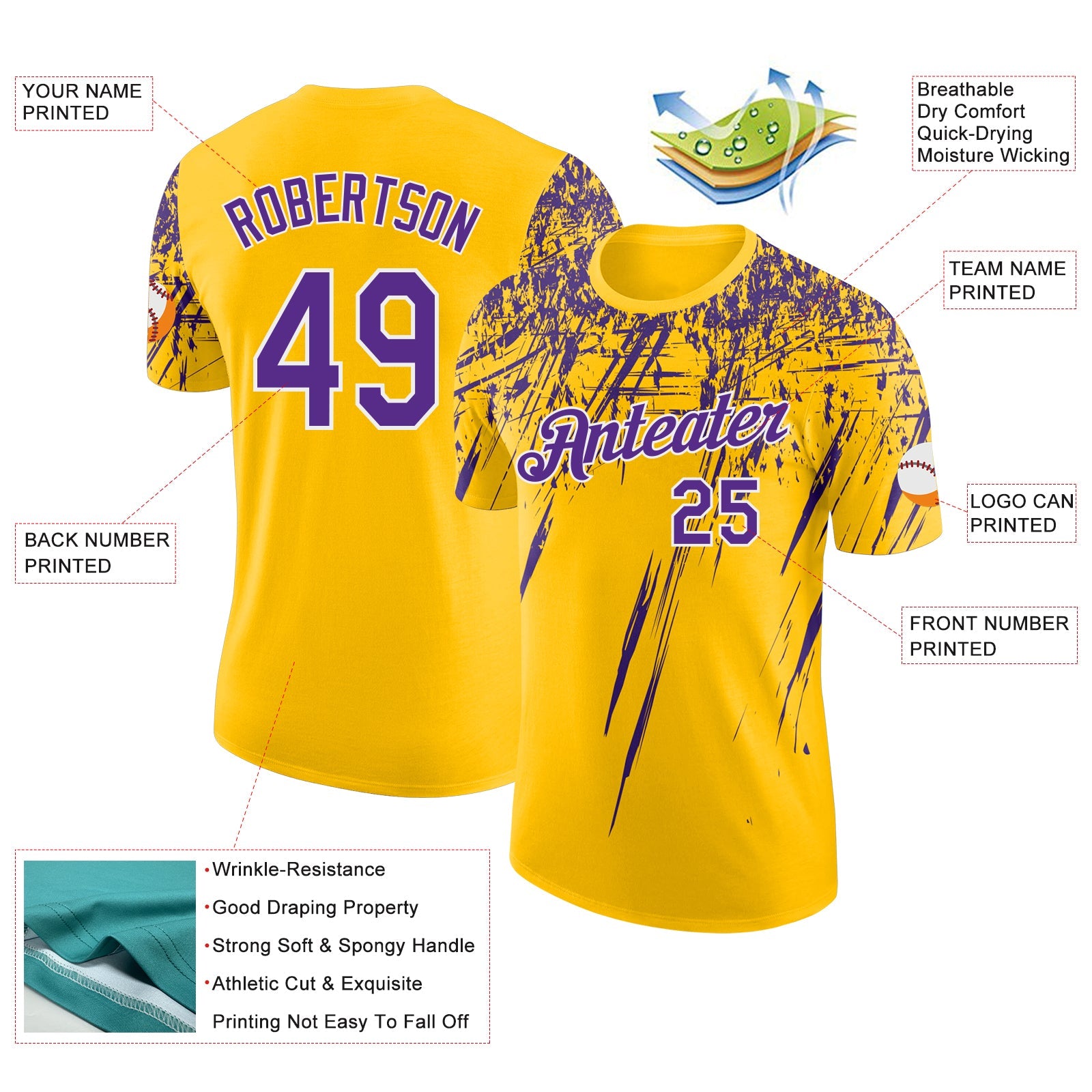 Custom Yellow Purple-White Distressed Scratch Brush Stroke Performance T-Shirt view 2