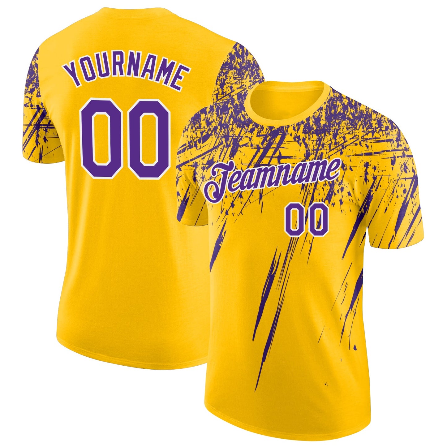 Custom Yellow Purple-White Distressed Scratch Brush Stroke Performance T-Shirt - Main View