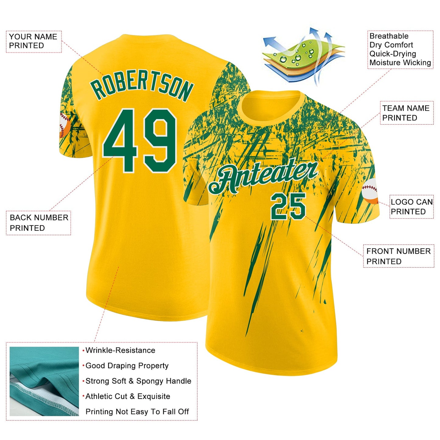 Custom Yellow Kelly Green-White Distressed Scratch Brush Stroke Performance T-Shirt view 2