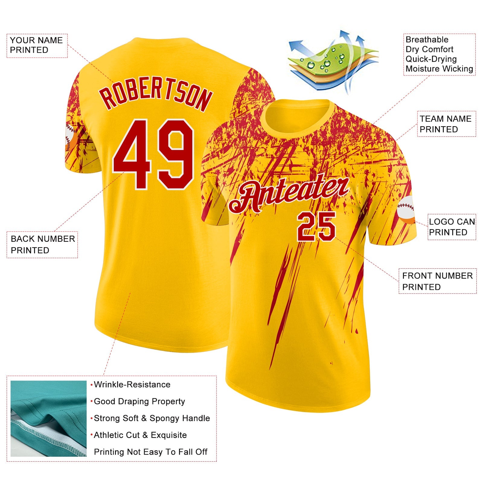 Custom Yellow Red-White Distressed Scratch Brush Stroke Performance T-Shirt view 2