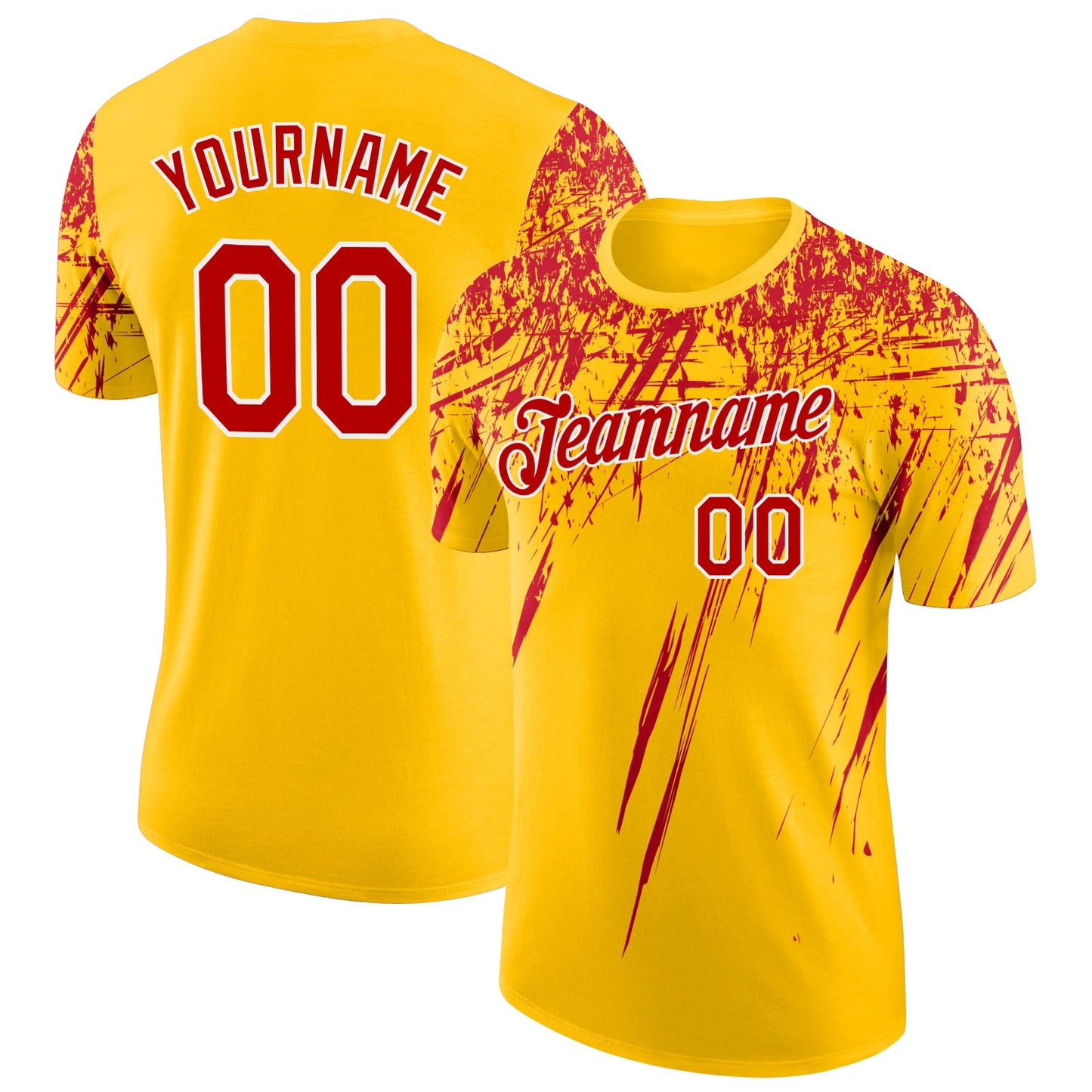 Custom Yellow Red-White Distressed Scratch Brush Stroke Performance T-Shirt - Main View