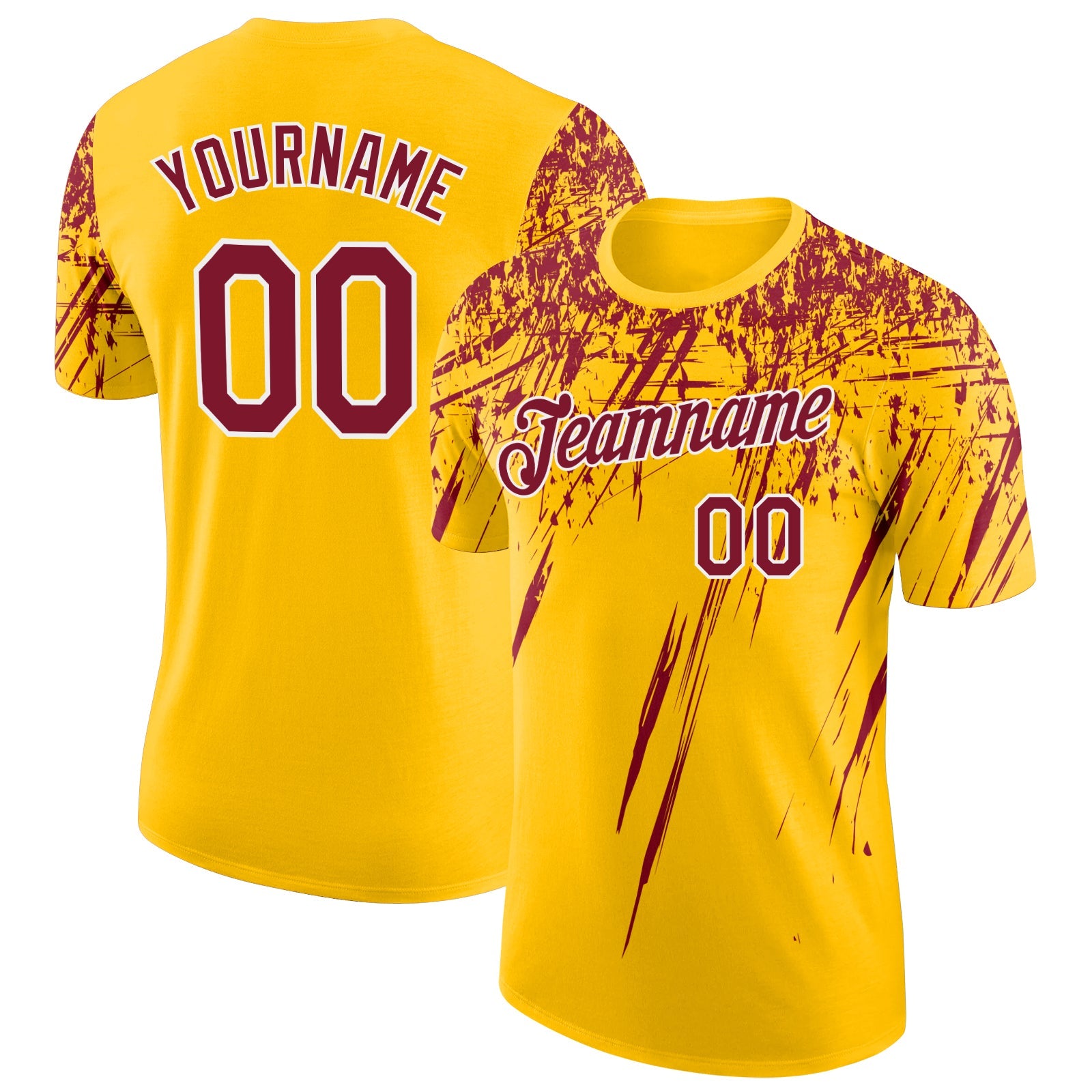 Custom Yellow Crimson-White Distressed Scratch Brush Stroke Performance T-Shirt - Main View