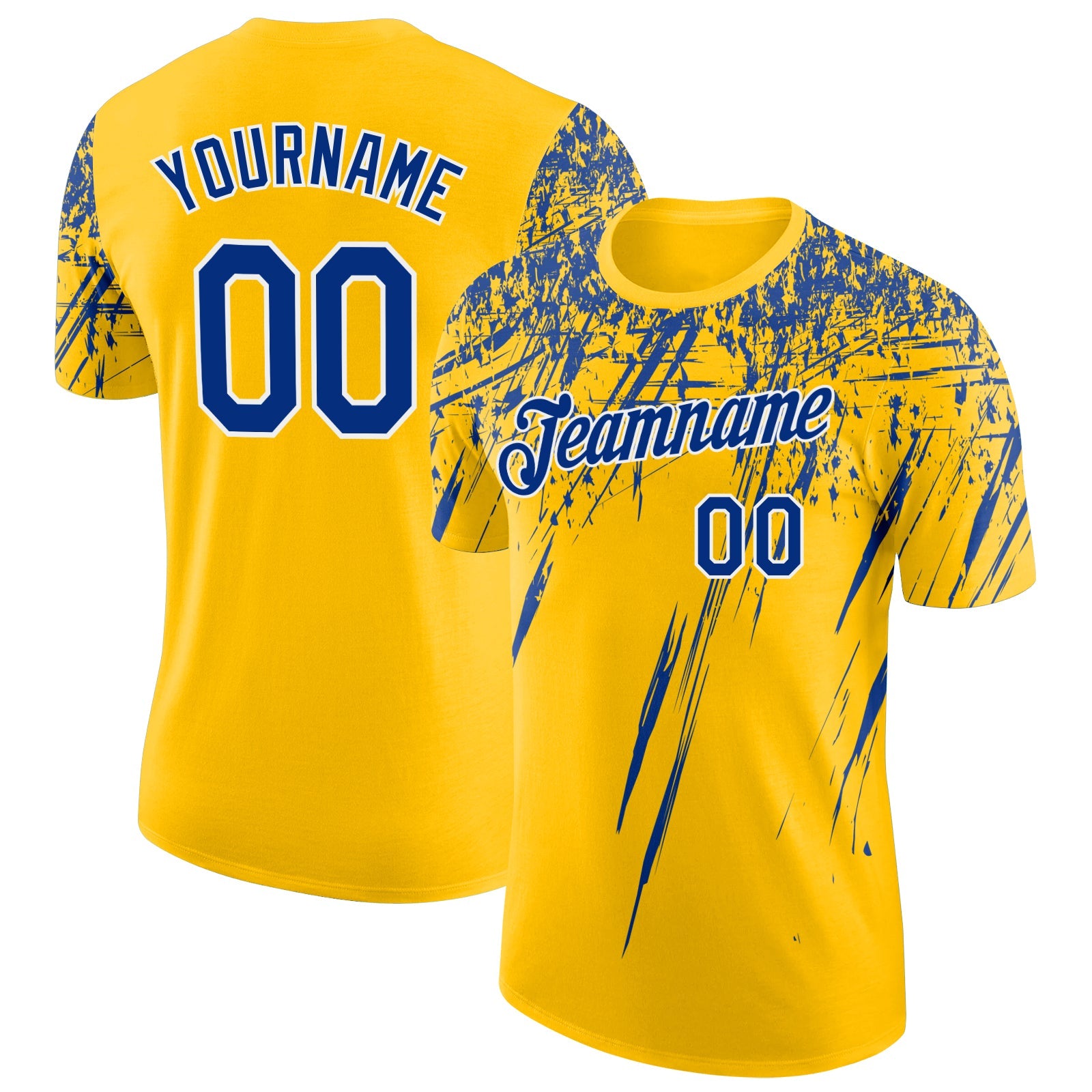 Custom Yellow Royal-White Distressed Scratch Brush Stroke Performance T-Shirt - Main View
