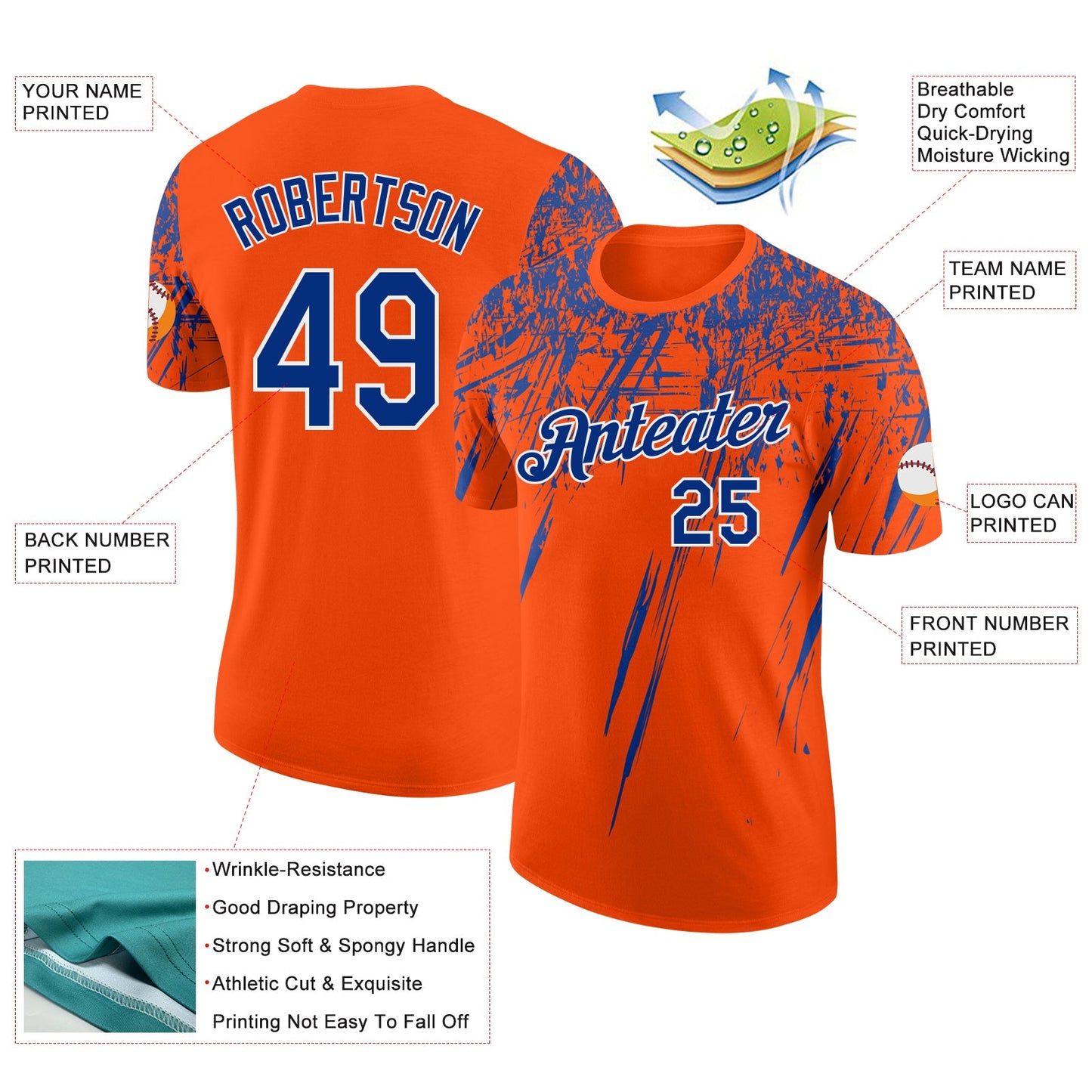Custom Orange Royal-White Distressed Scratch Brush Stroke Performance T-Shirt view 2