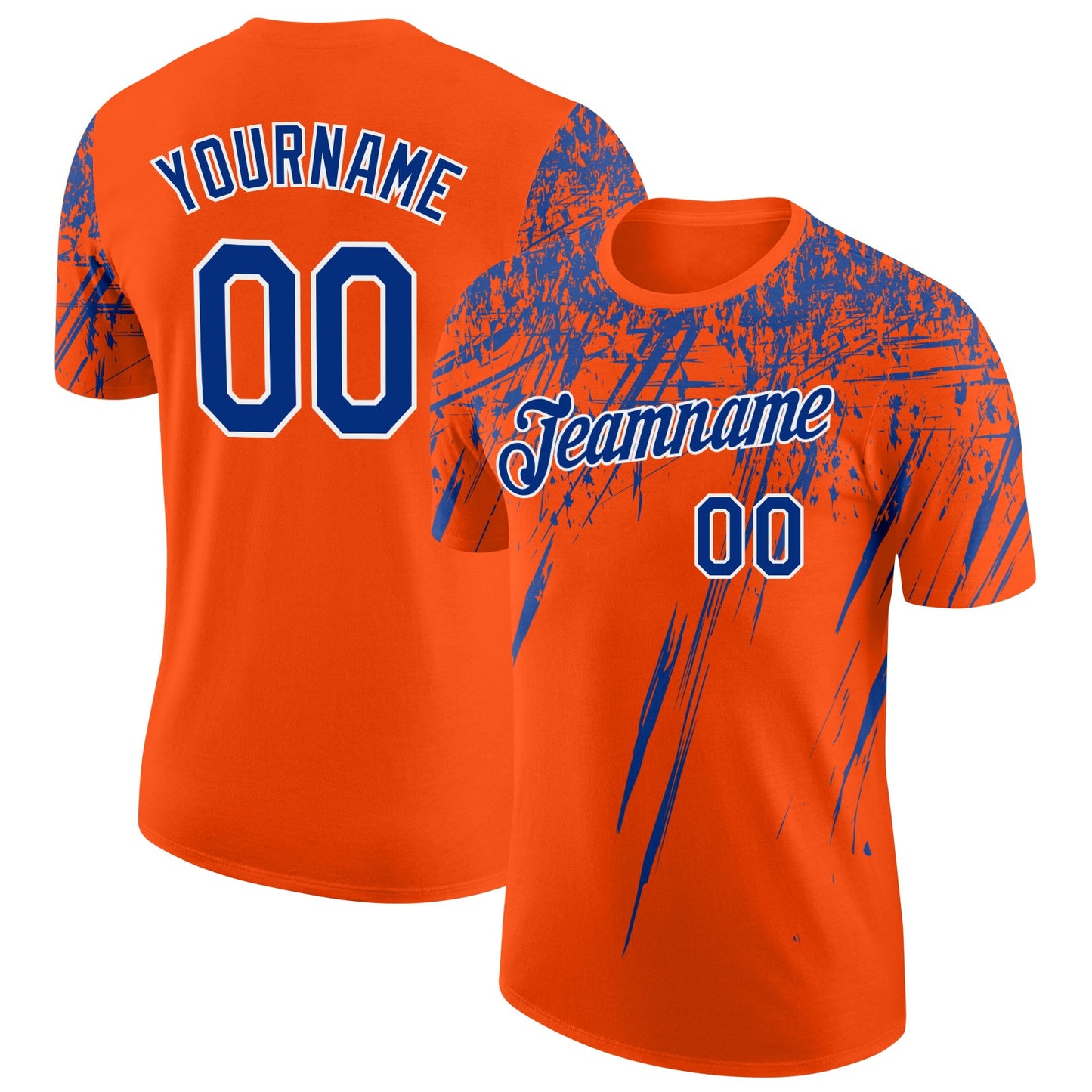 Custom Orange Royal-White Distressed Scratch Brush Stroke Performance T-Shirt - Main View
