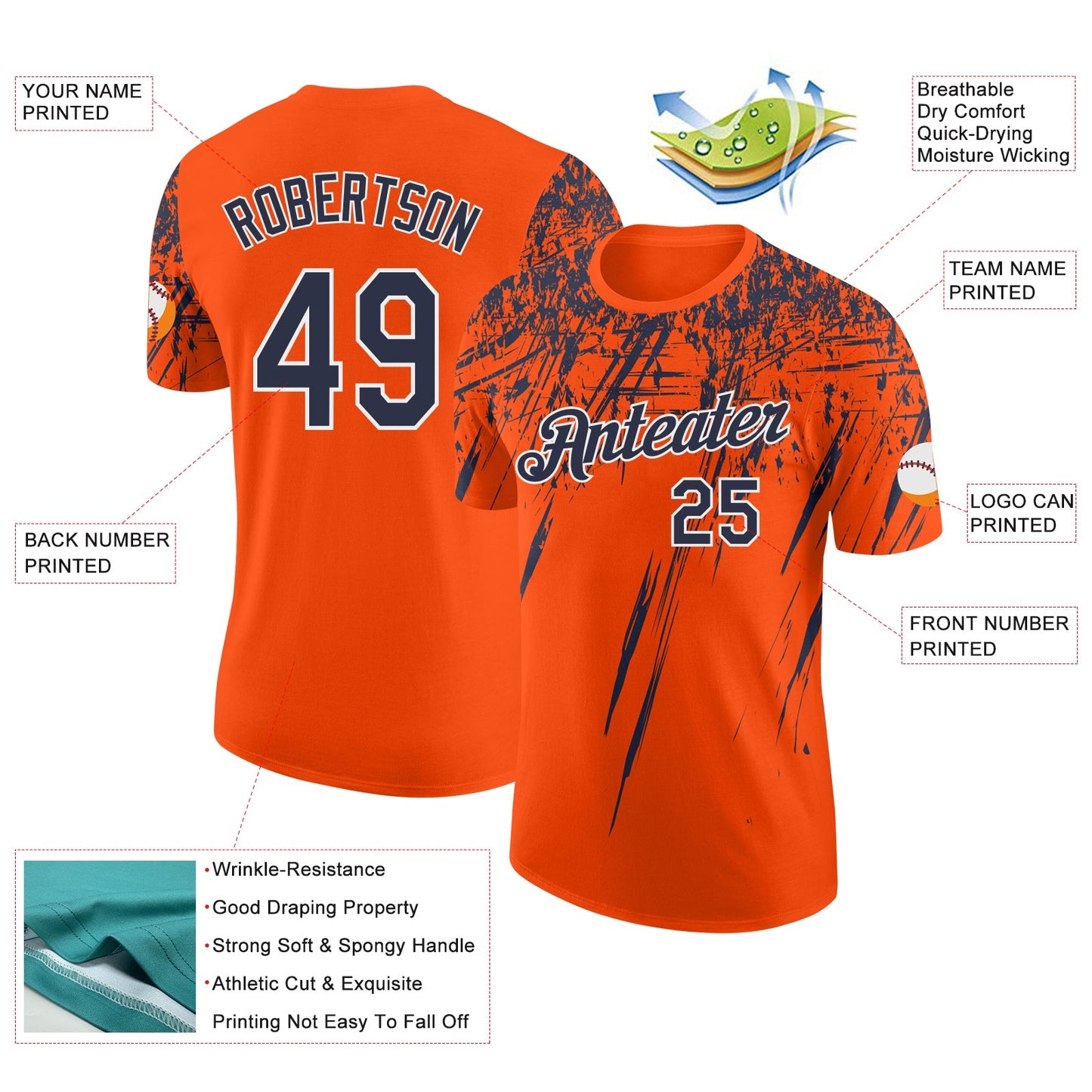 Custom Orange Navy-White Distressed Scratch Brush Stroke Performance T-Shirt view 2