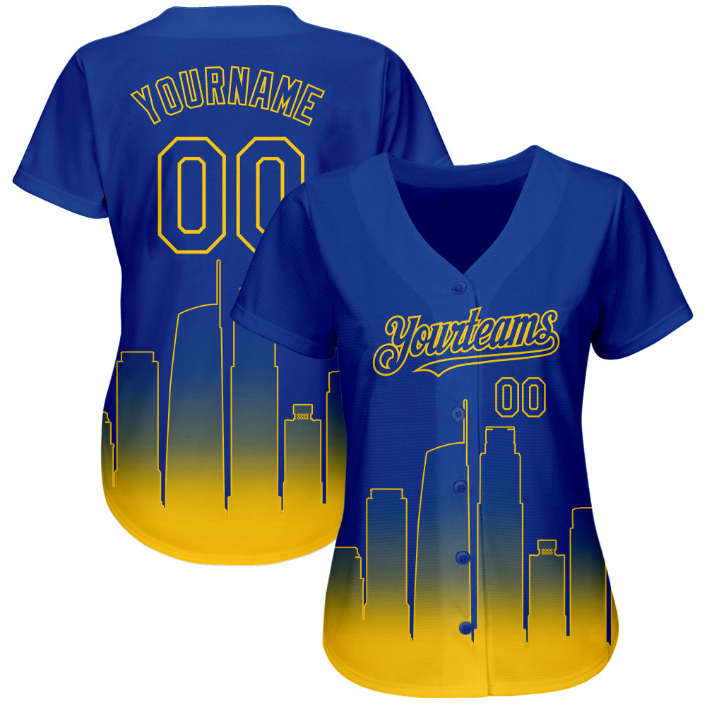 Custom Royal Yellow 3D Los Angeles City Edition Fade Fashion Authentic Baseball Jersey view 2