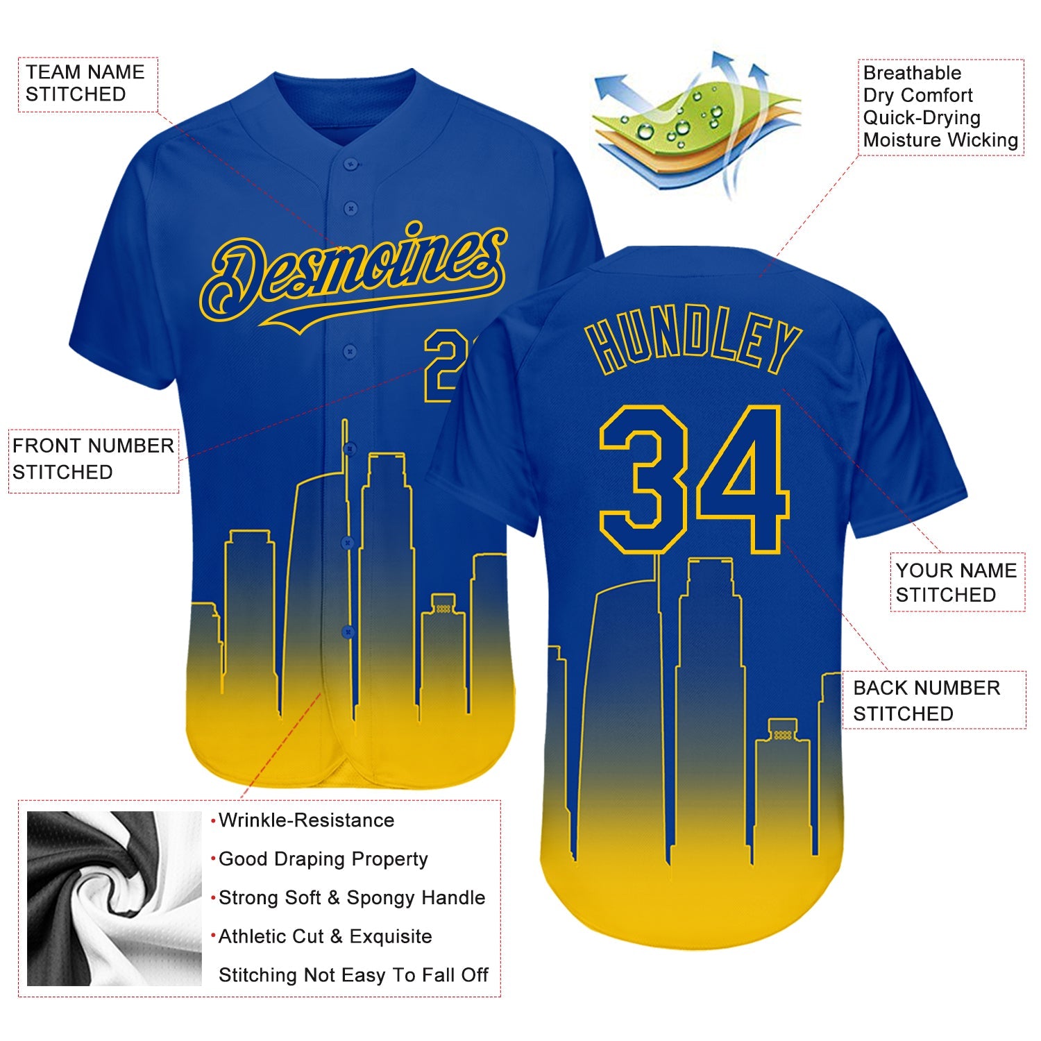 Custom Royal Yellow 3D Los Angeles City Edition Fade Fashion Authentic Baseball Jersey view 3