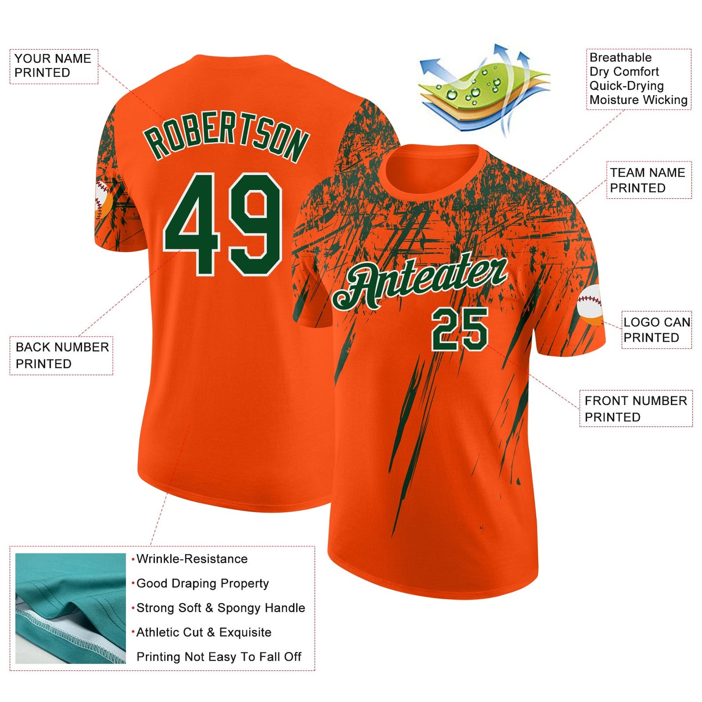 Custom Orange Green-White Distressed Scratch Brush Stroke Performance T-Shirt view 2