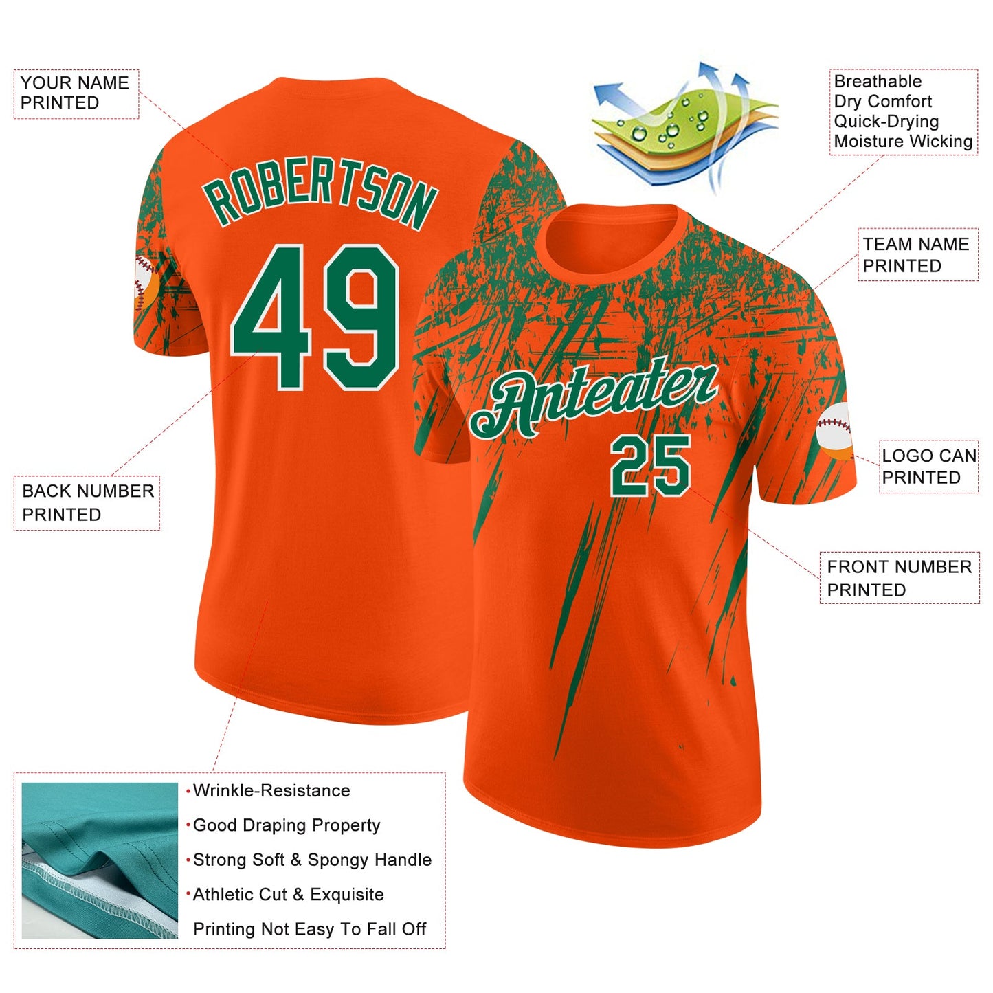 Custom Orange Kelly Green-White Distressed Scratch Brush Stroke Performance T-Shirt view 2