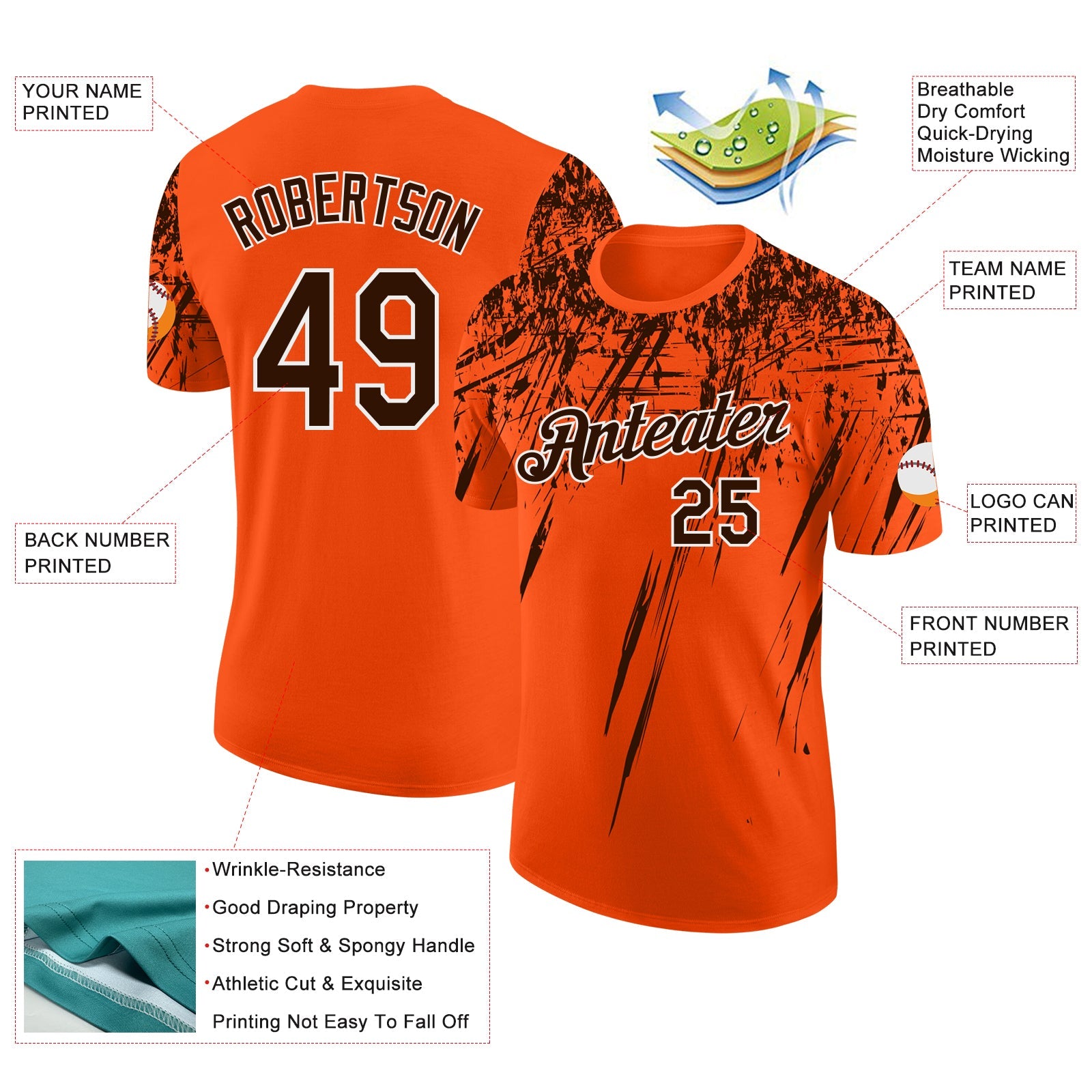Custom Orange Brown-White Distressed Scratch Brush Stroke Performance T-Shirt view 2