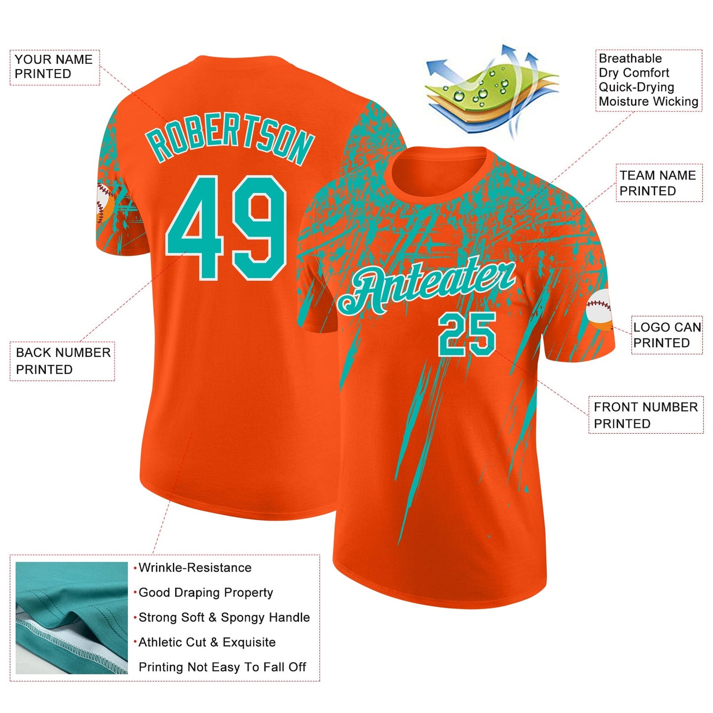 Custom Orange Aqua-White Distressed Scratch Brush Stroke Performance T-Shirt view 2