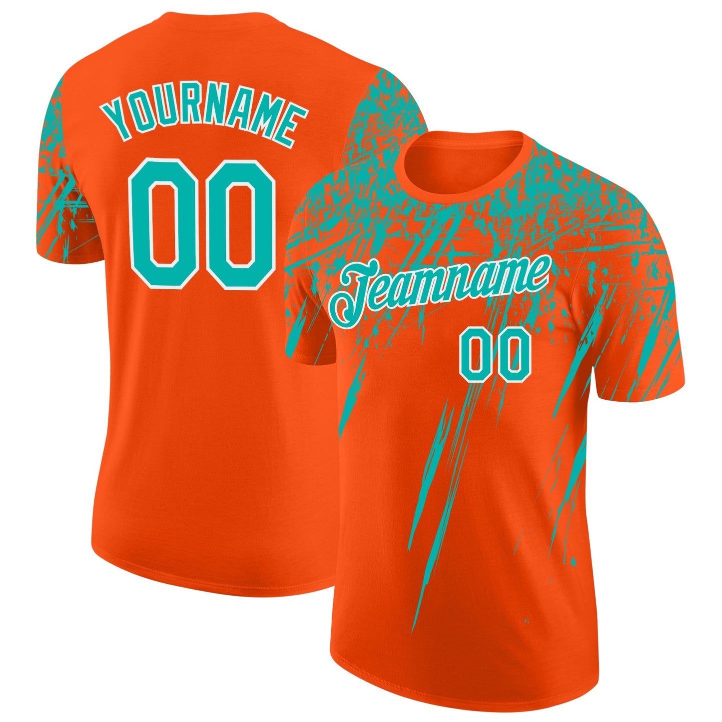 Custom Orange Aqua-White Distressed Scratch Brush Stroke Performance T-Shirt - Main View