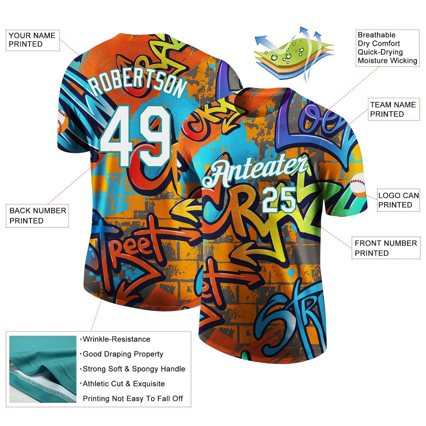 Custom Graffiti Pattern White-Teal Vibrant MulticolorStreet Style Performance T-Shirt view 2
