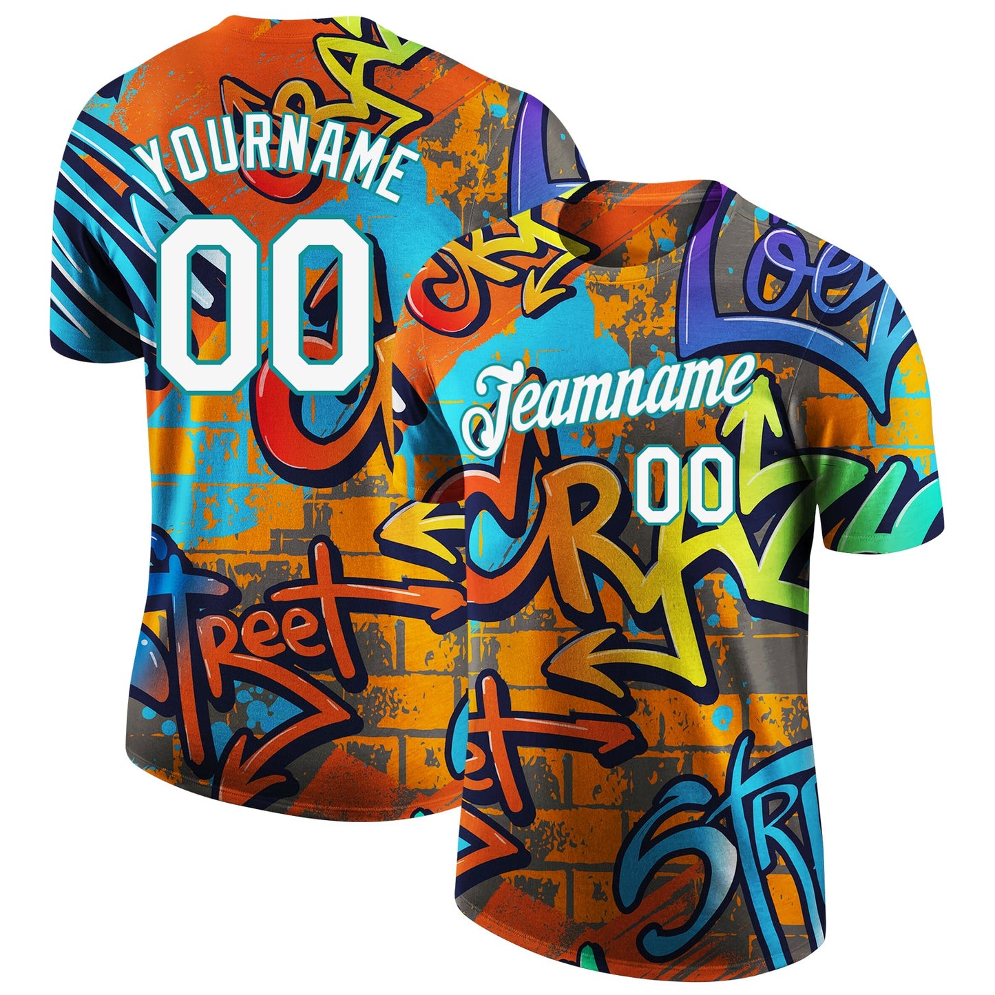 Custom Graffiti Pattern White-Teal Vibrant MulticolorStreet Style Performance T-Shirt - Main View