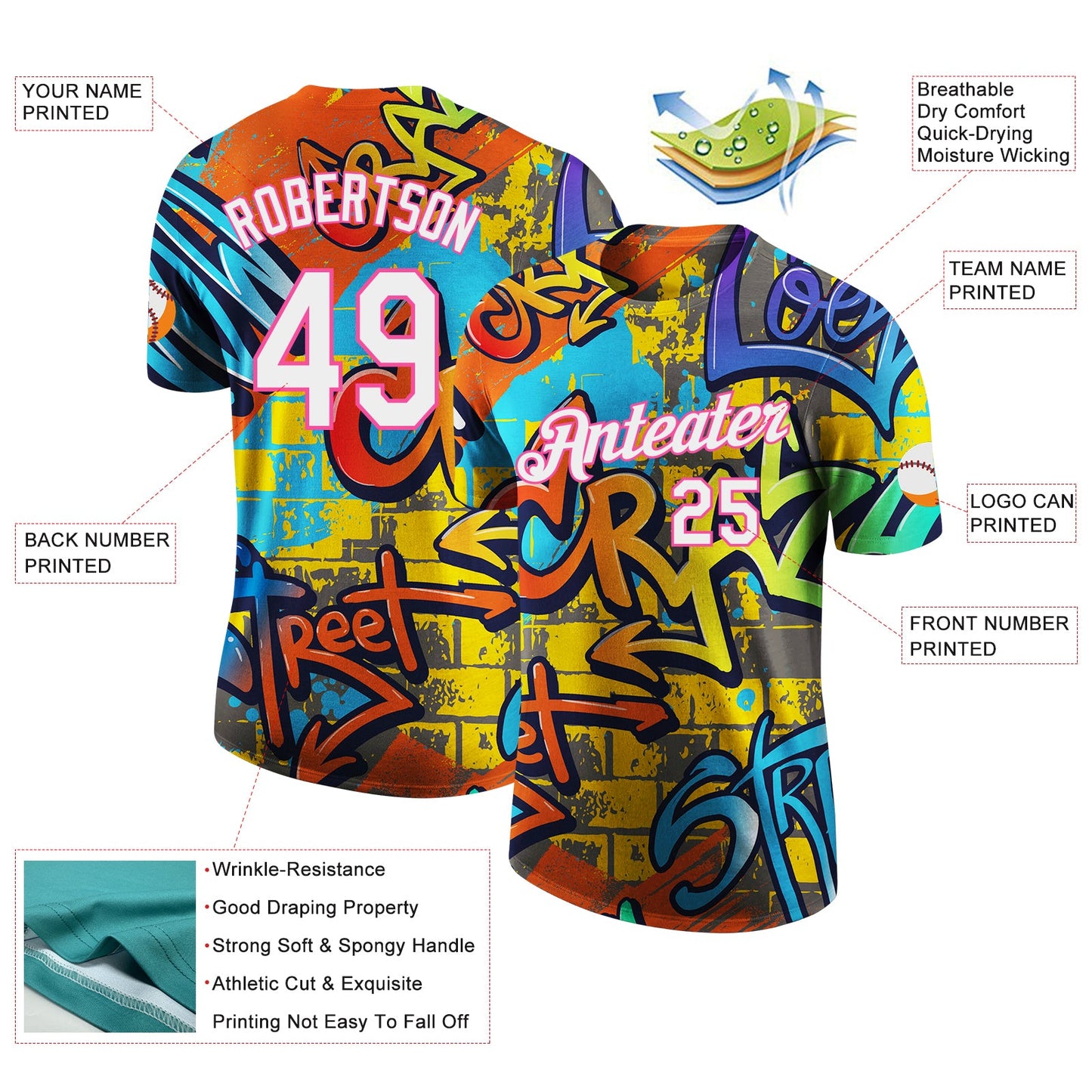Custom Graffiti Pattern White-Pink Vibrant MulticolorStreet Style Performance T-Shirt view 2
