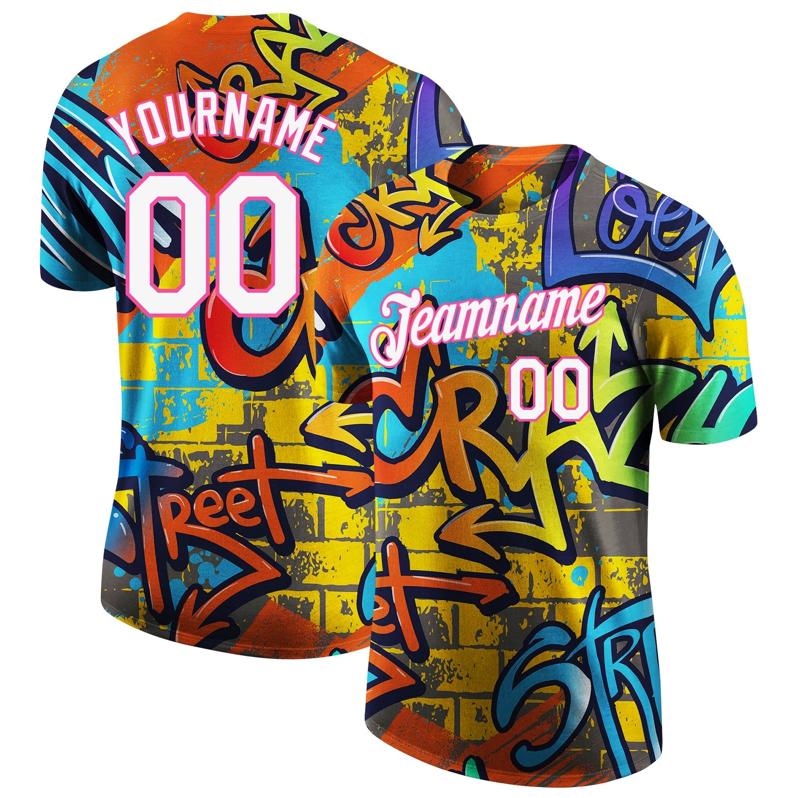 Custom Graffiti Pattern White-Pink Vibrant MulticolorStreet Style Performance T-Shirt - Main View