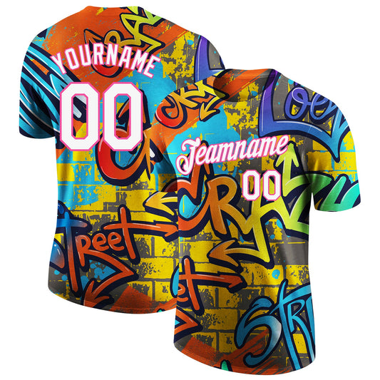 Custom Graffiti Pattern White-Pink Vibrant MulticolorStreet Style Performance T-Shirt - Main View
