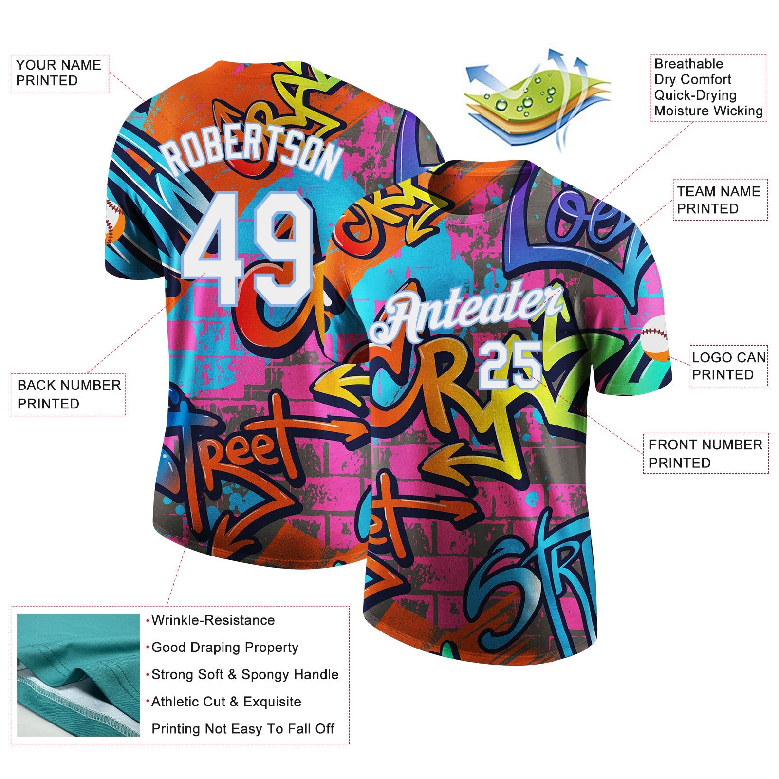 Custom Graffiti Pattern White-Light Blue Vibrant MulticolorStreet Style Performance T-Shirt view 2