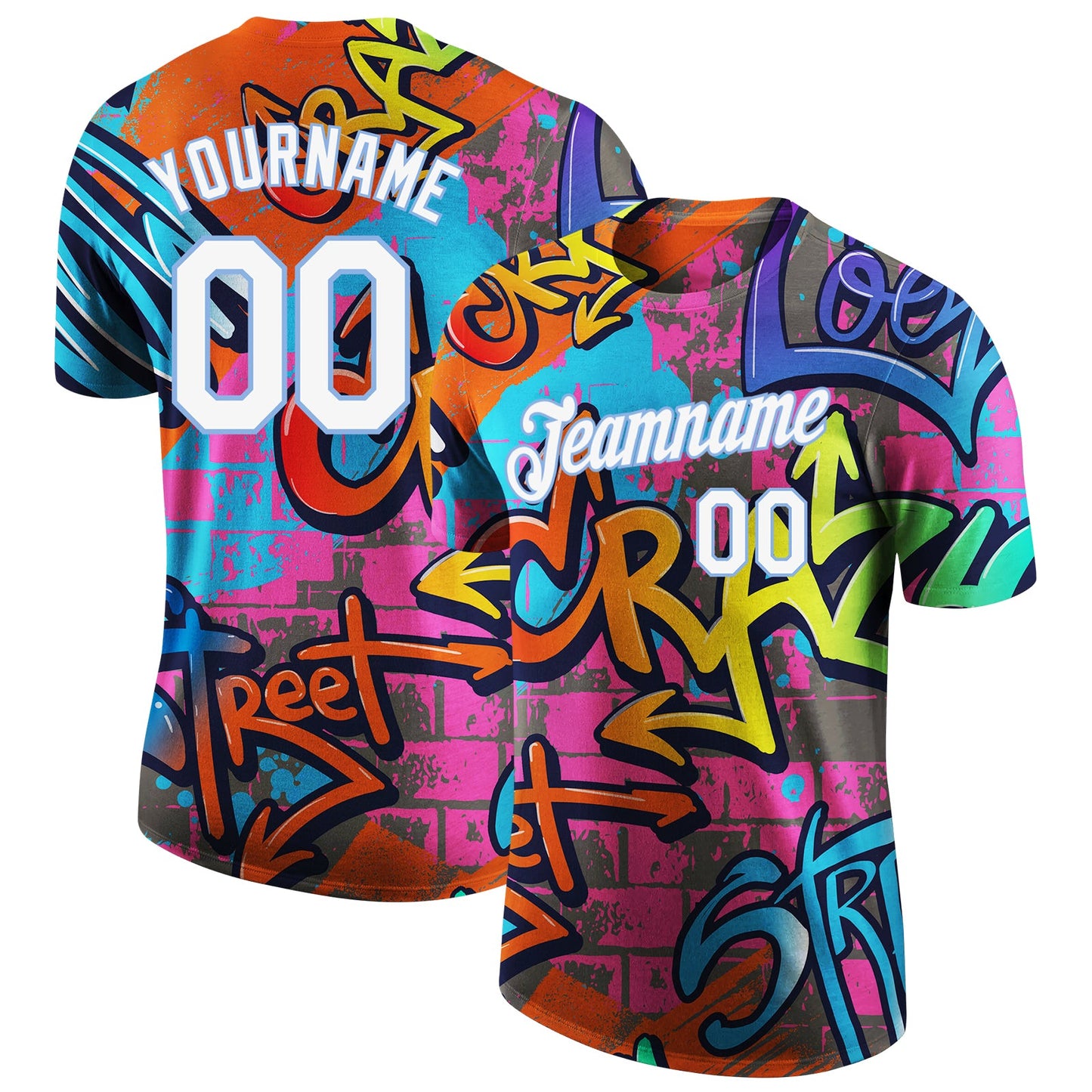 Custom Graffiti Pattern White-Light Blue Vibrant MulticolorStreet Style Performance T-Shirt - Main View
