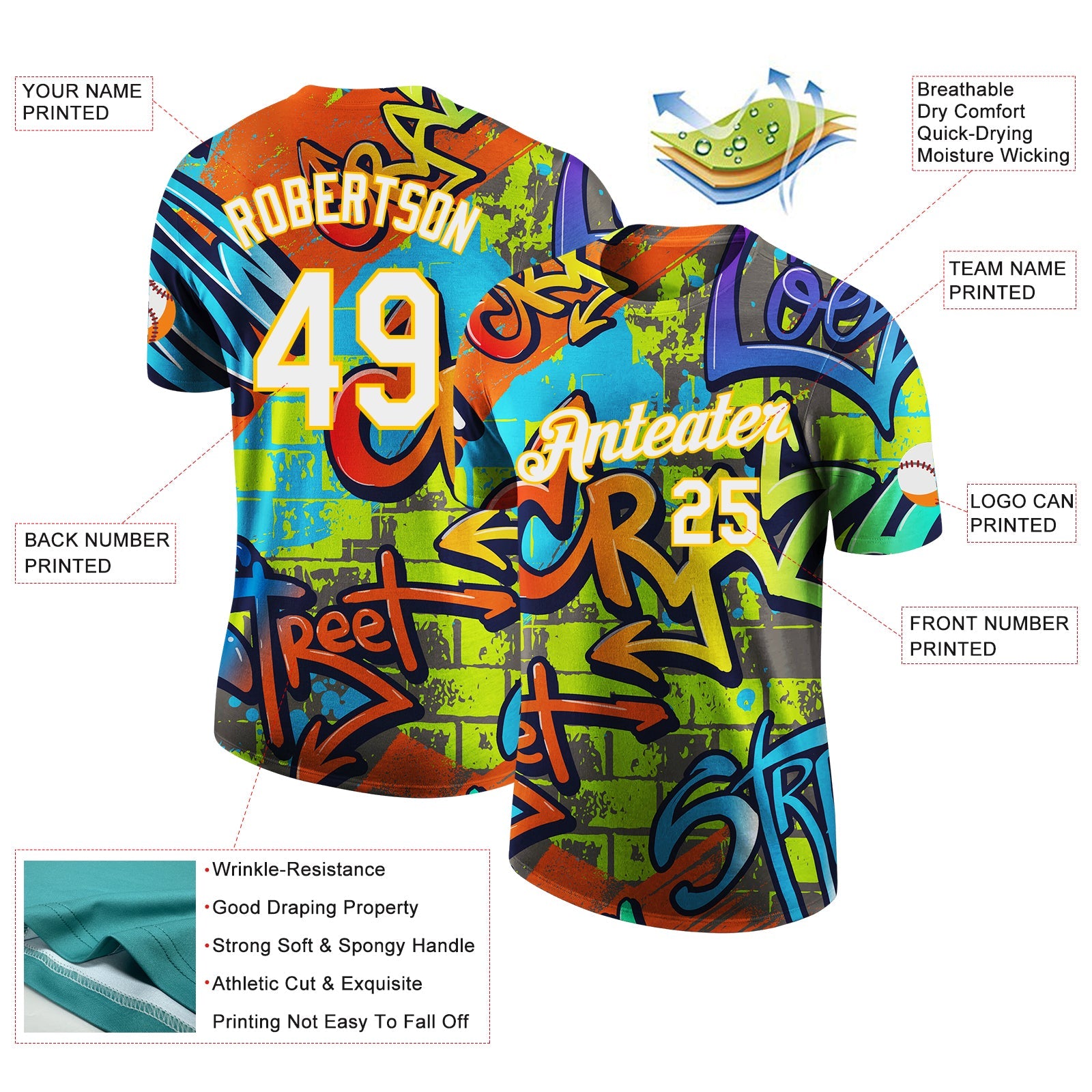 Custom Graffiti Pattern White-Yellow Vibrant MulticolorStreet Style Performance T-Shirt view 2