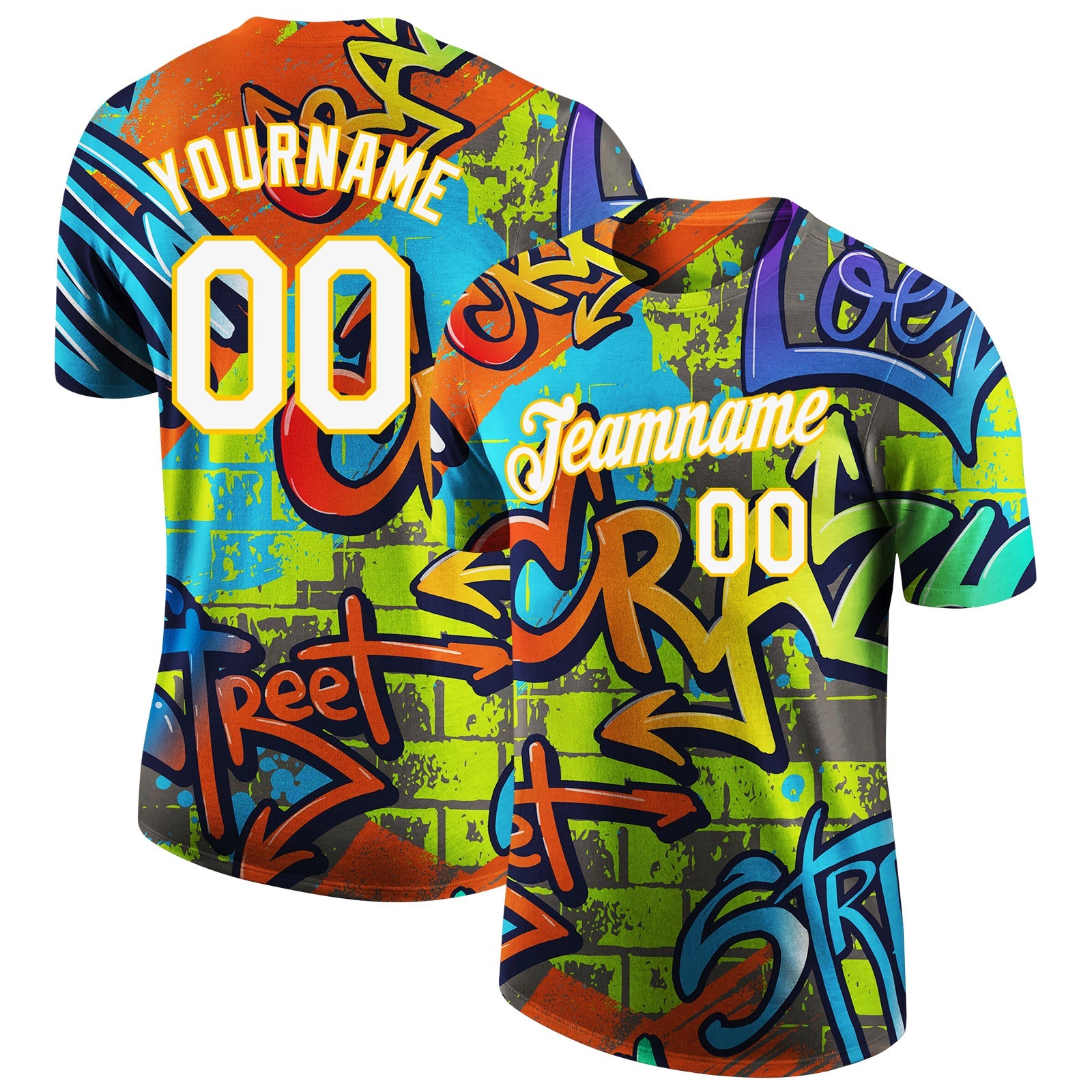 Custom Graffiti Pattern White-Yellow Vibrant MulticolorStreet Style Performance T-Shirt - Main View