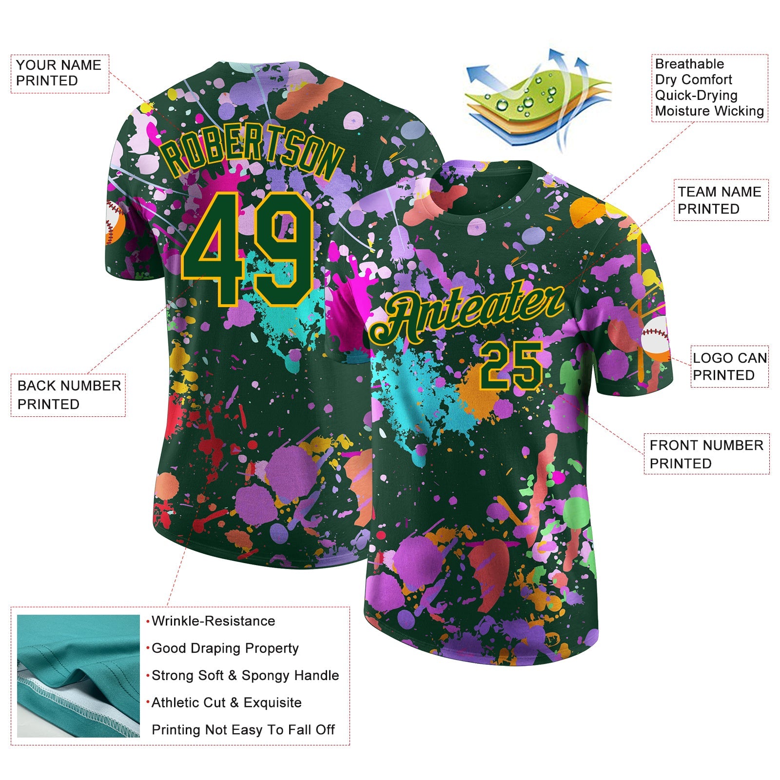 Custom Graffiti Pattern Green-Gold Vibrant Multicolor Paint Splatter Performance T-Shirt view 2