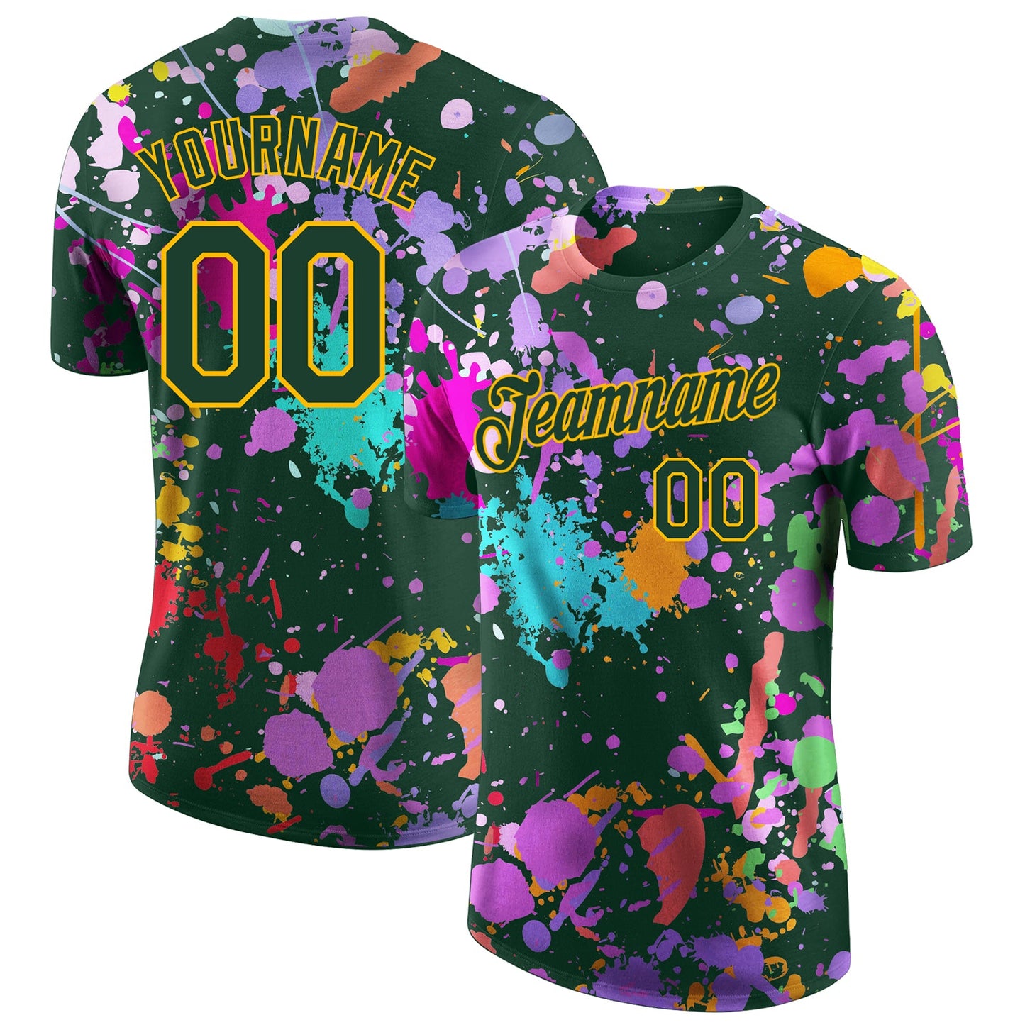 Custom Graffiti Pattern Green-Gold Vibrant Multicolor Paint Splatter Performance T-Shirt - Main View