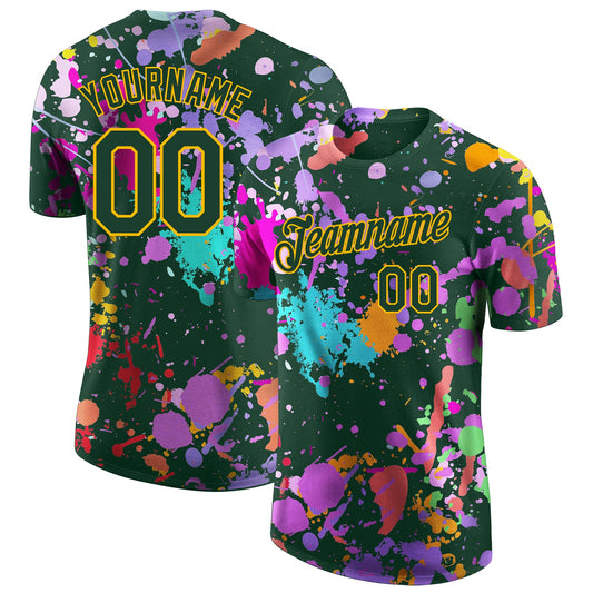 Custom Graffiti Pattern Green-Gold Vibrant Multicolor Paint Splatter Performance T-Shirt - Main View