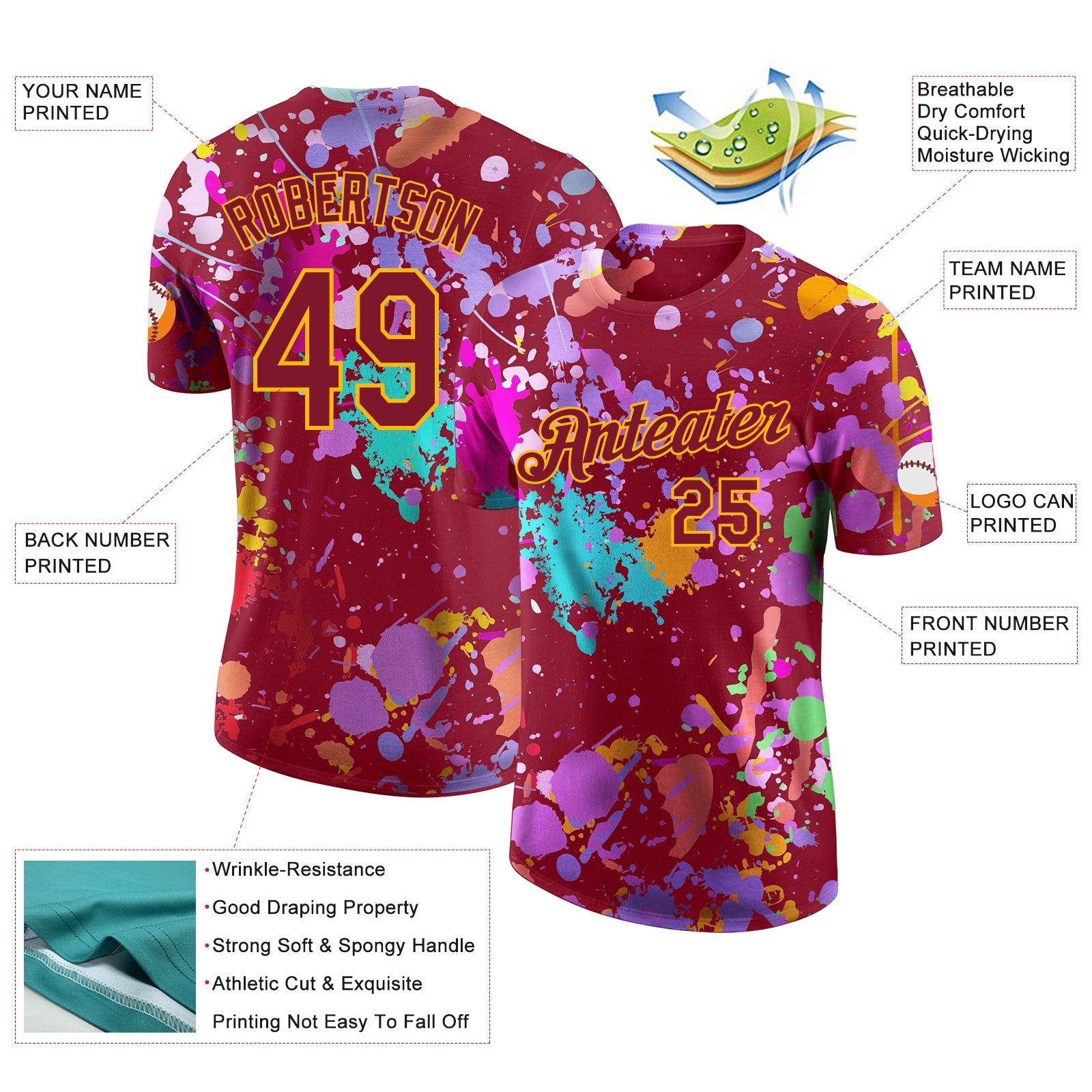 Custom Graffiti Pattern Crimson-Gold Vibrant Multicolor Paint Splatter Performance T-Shirt view 2
