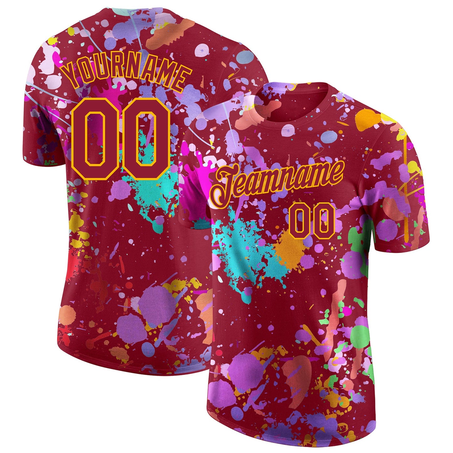 Custom Graffiti Pattern Crimson-Gold Vibrant Multicolor Paint Splatter Performance T-Shirt - Main View