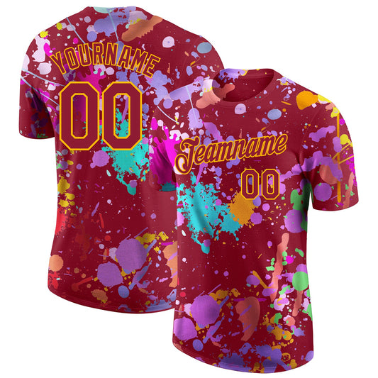 Custom Graffiti Pattern Crimson-Gold Vibrant Multicolor Paint Splatter Performance T-Shirt - Main View