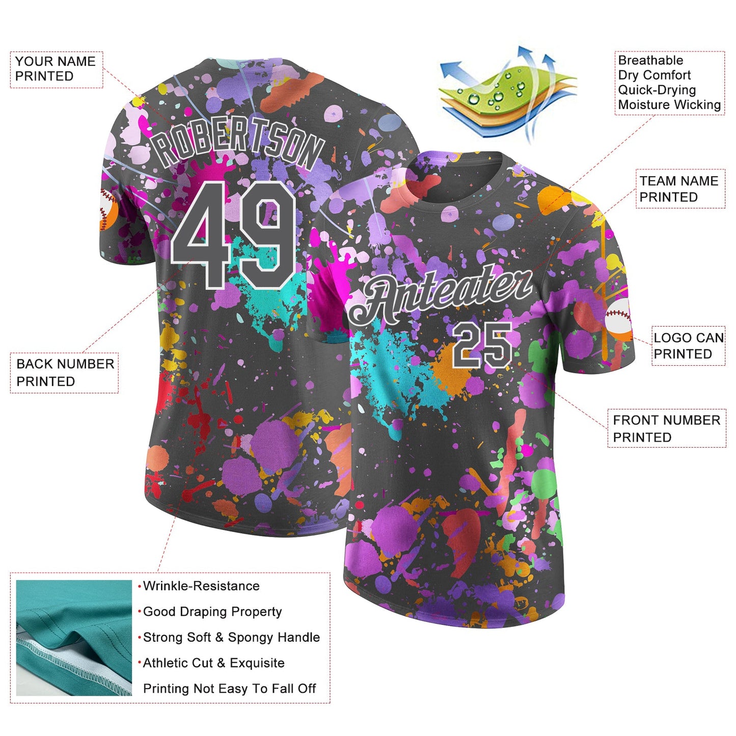Custom Graffiti Pattern Steel Gray-White Vibrant Multicolor Paint Splatter Performance T-Shirt view 2
