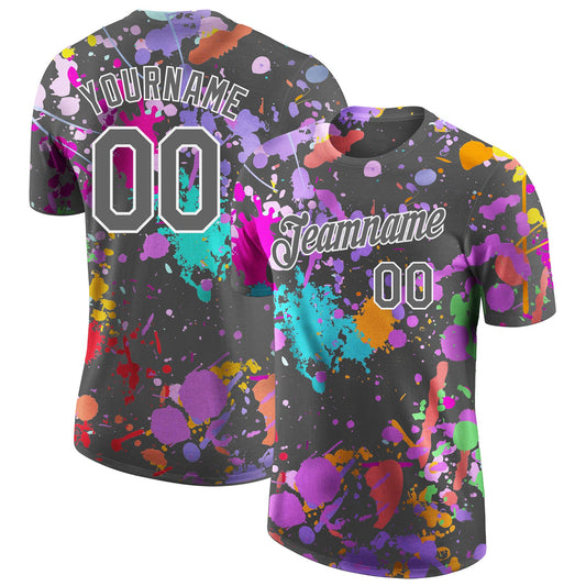 Custom Graffiti Pattern Steel Gray-White Vibrant Multicolor Paint Splatter Performance T-Shirt - Main View