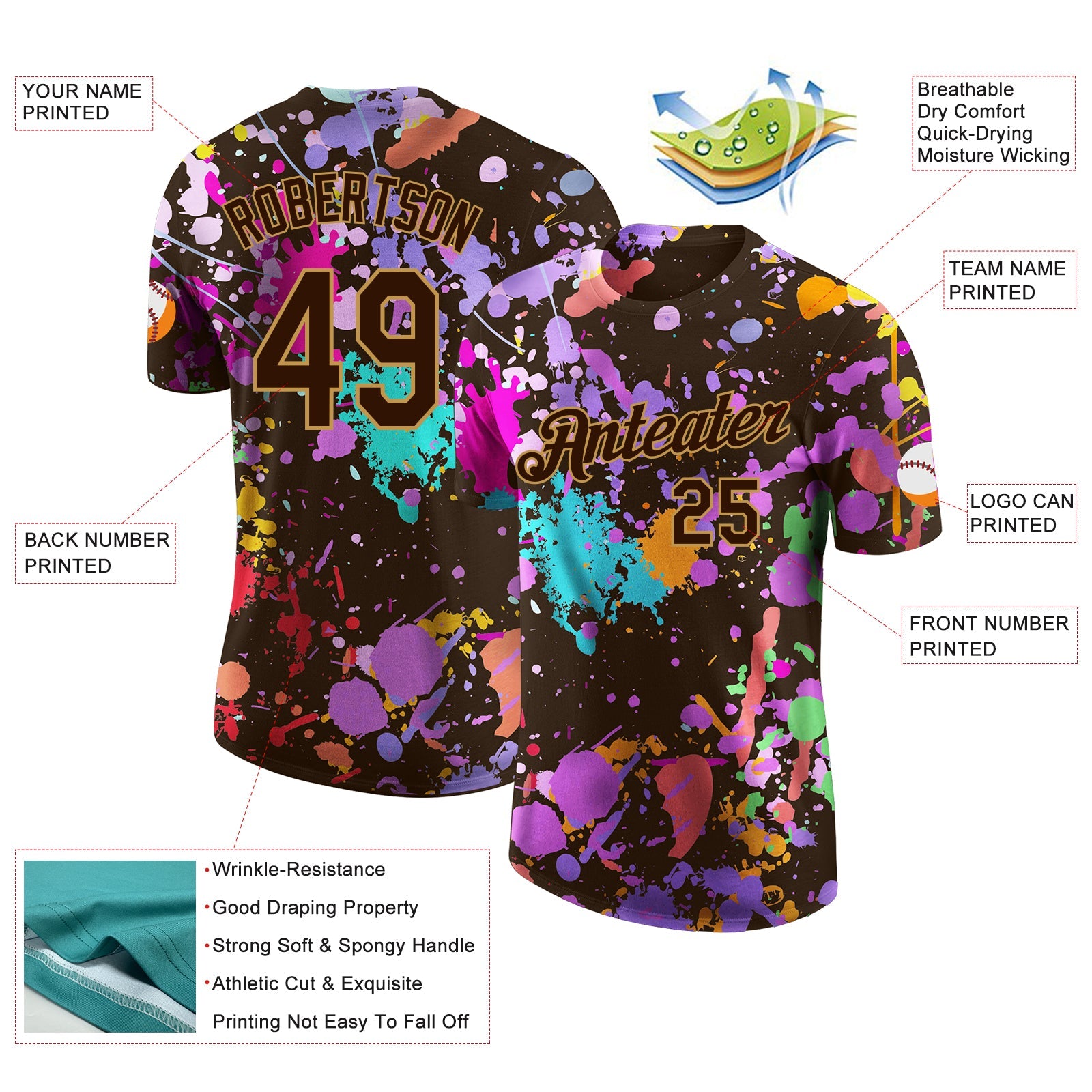 Custom Graffiti Pattern Brown-Old Gold Vibrant Multicolor Paint Splatter Performance T-Shirt view 2