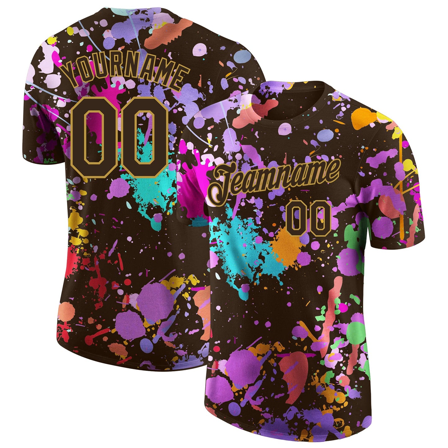 Custom Graffiti Pattern Brown-Old Gold Vibrant Multicolor Paint Splatter Performance T-Shirt - Main View