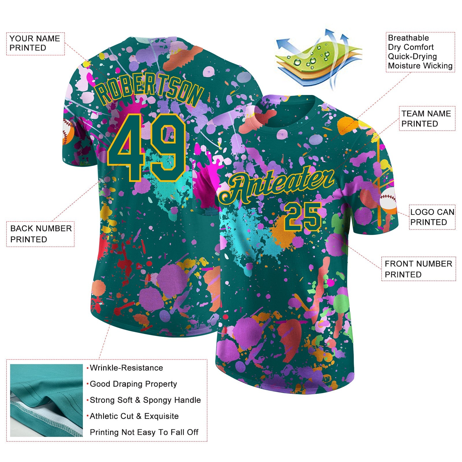 Custom Graffiti Pattern Teal-Gold Vibrant Multicolor Paint Splatter Performance T-Shirt view 2