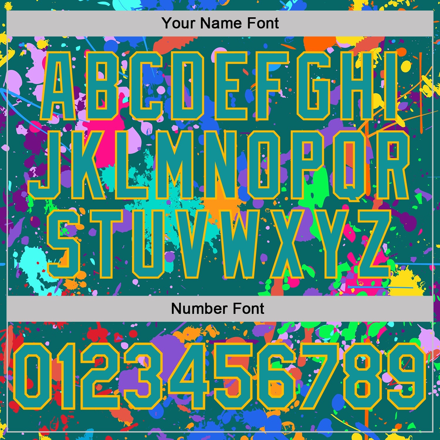 Custom Graffiti Pattern Teal-Gold Vibrant Multicolor Paint Splatter Performance T-Shirt view 4