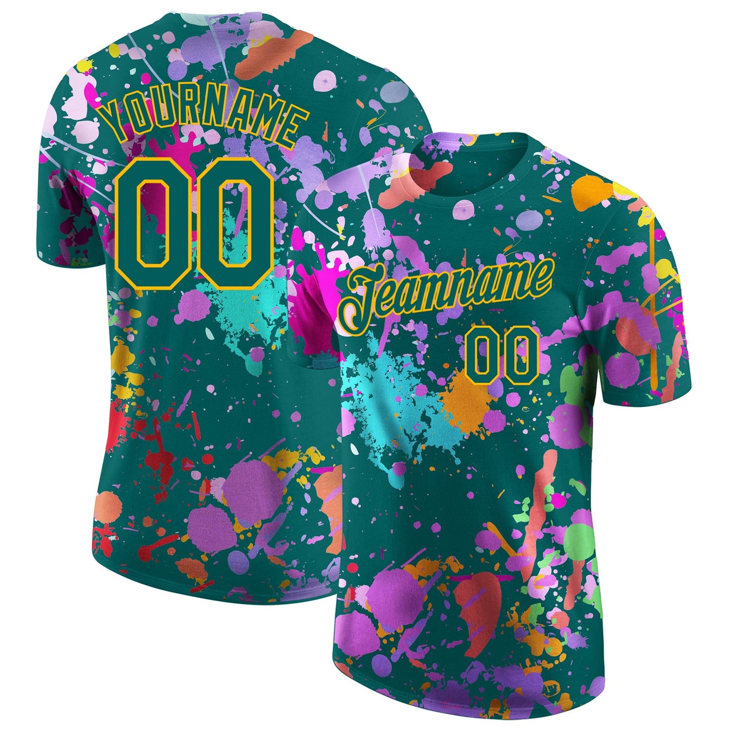 Custom Graffiti Pattern Teal-Gold Vibrant Multicolor Paint Splatter Performance T-Shirt - Main View